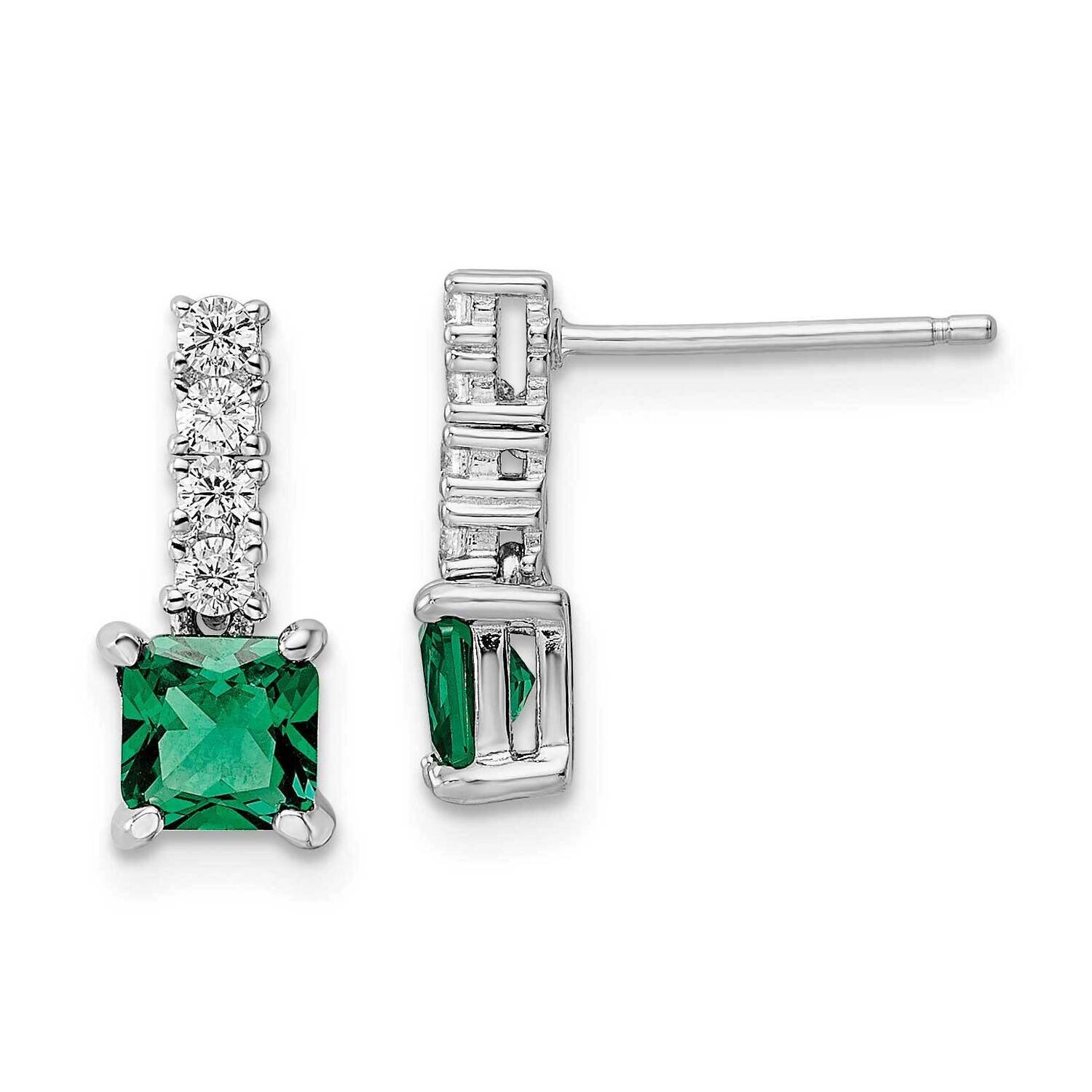 Rhodium-Plated Green Clear CZ Diamond Post Dangle Earrings Sterling Silver Polished QE15757, MPN: Q…