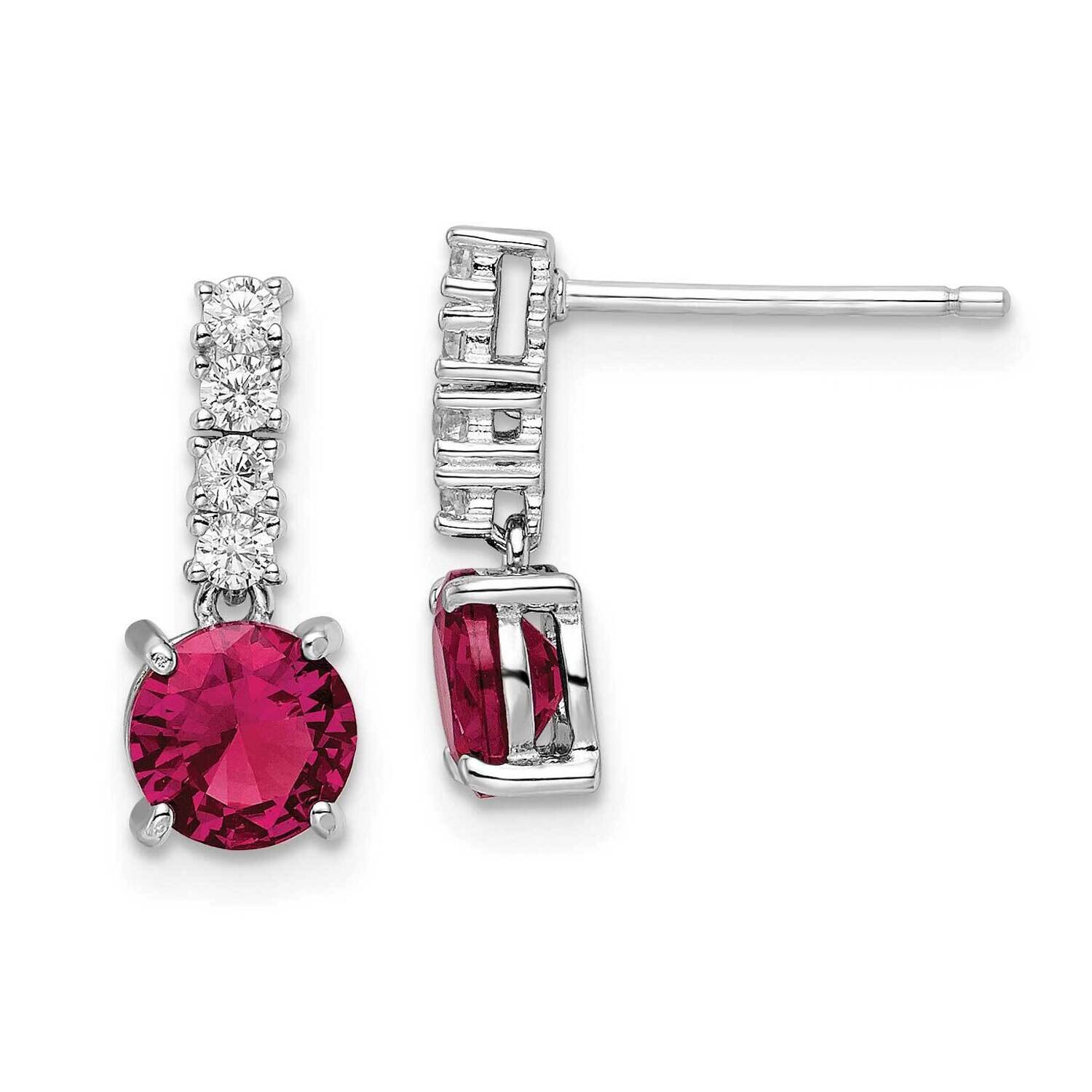 Created Ruby and CZ Diamond Post Dangle Earrings Sterling Silver Rhodium-Plated QE15758