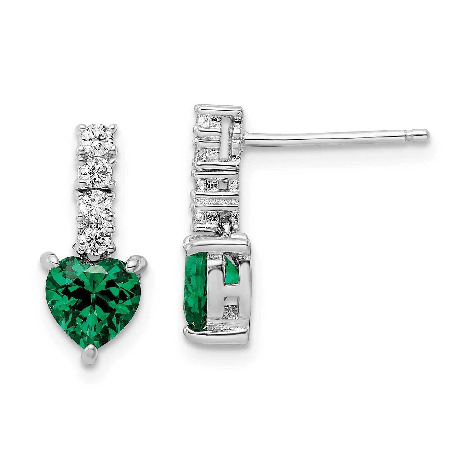 Rhodium Green Clear CZ Diamond Heart Post Dangle Earrings Sterling Silver Polished QE15763, MPN: QE…