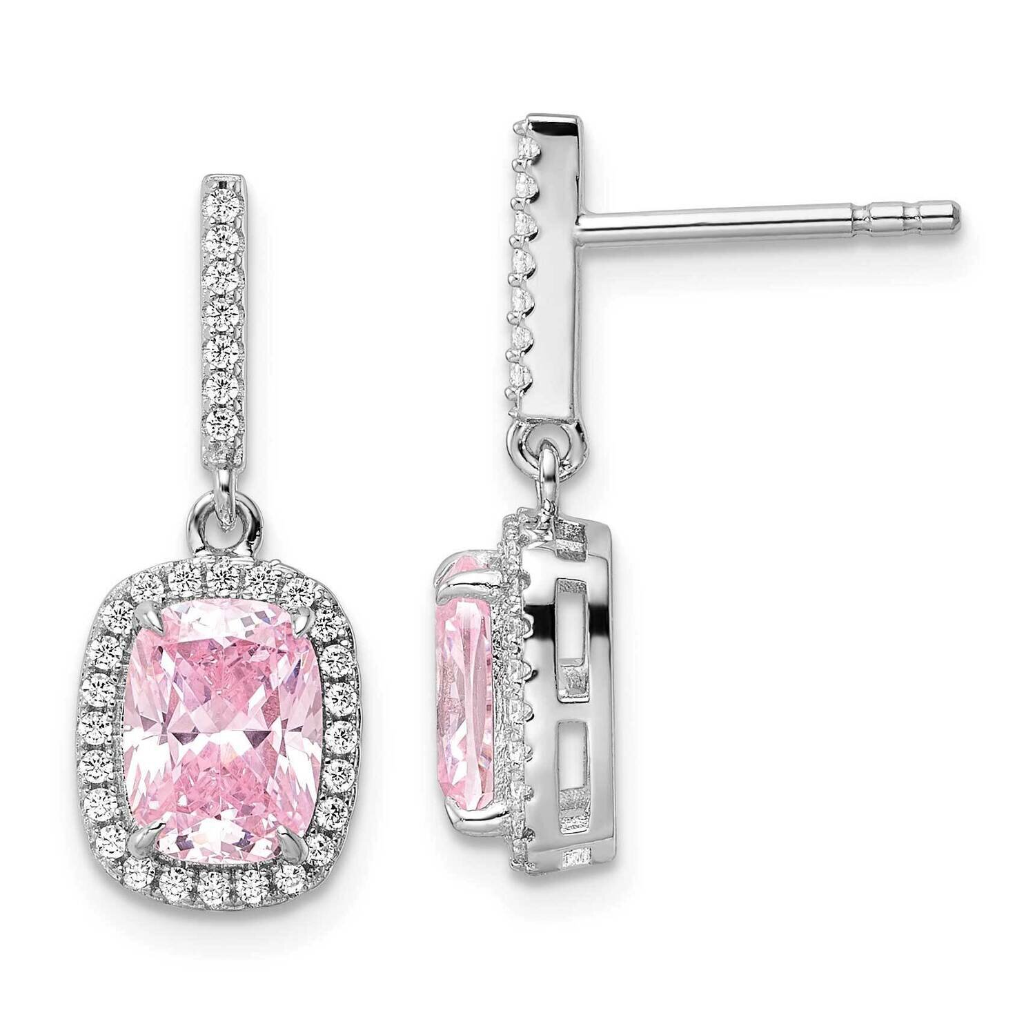 Pink &amp; White CZ Diamond Dangle Post Earrings Sterling Silver Rhodium-Plated QE15764