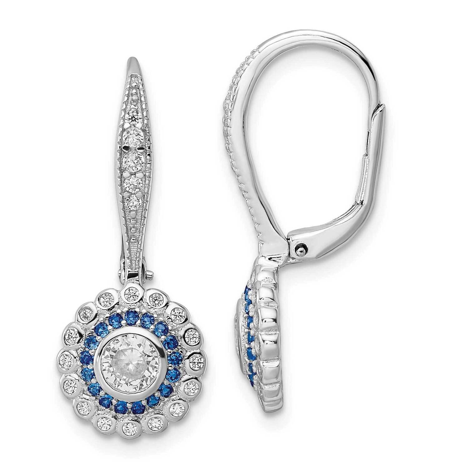 Blue &amp; White CZ Diamond Leverback Earrings Sterling Silver Rhodium-Plated Polished QE15766