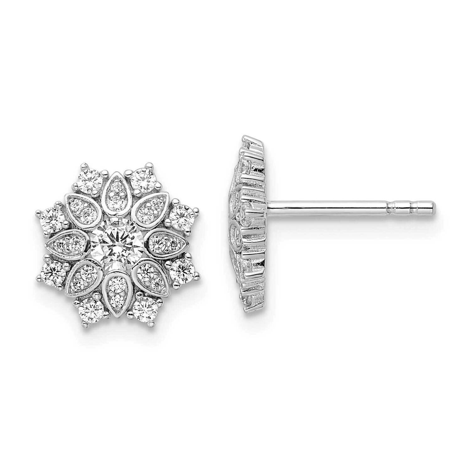 CZ Diamond Flower Post Earrings Sterling Silver Rhodium-Plated QE15771