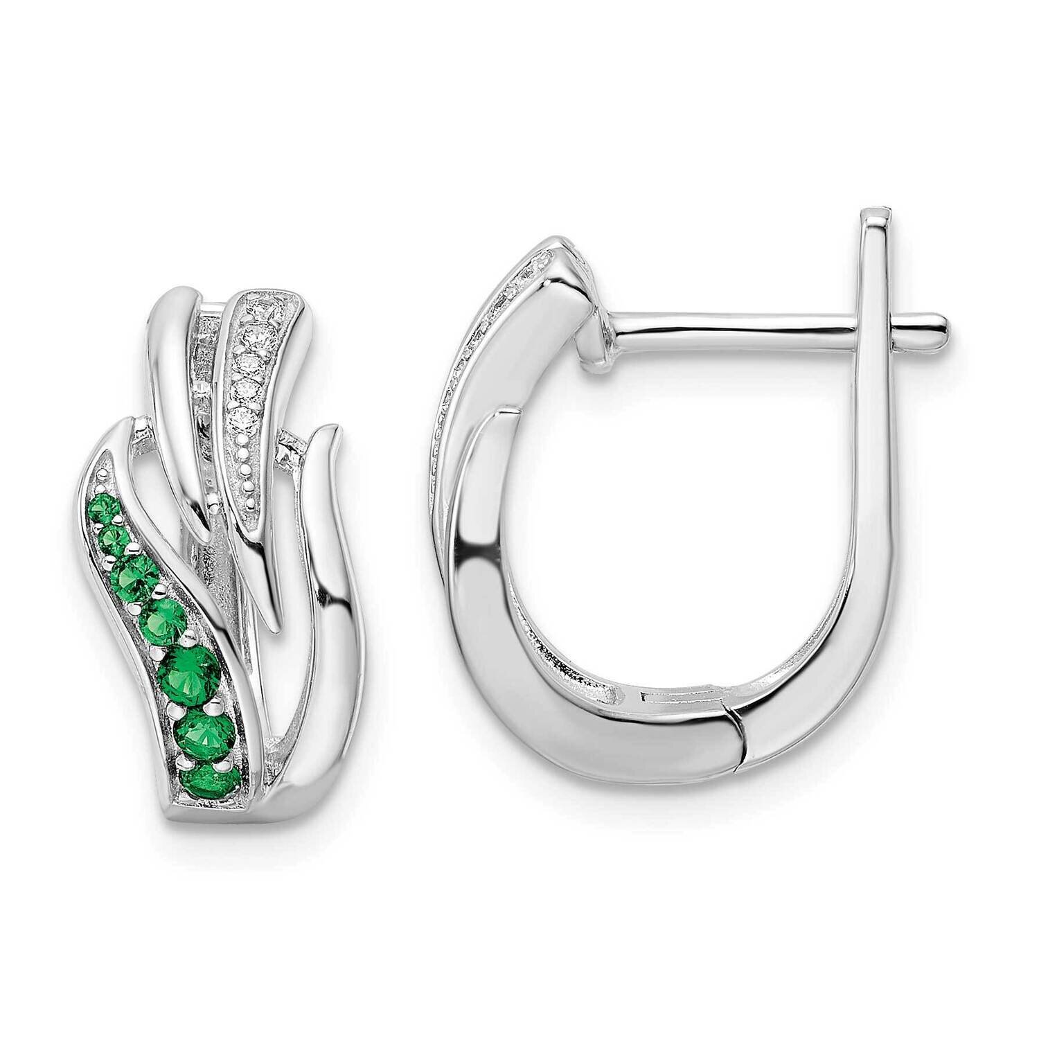 Green & White CZ Diamond Hinged Hoop Earrings Sterling Silver Rhodium-Plated QE15777