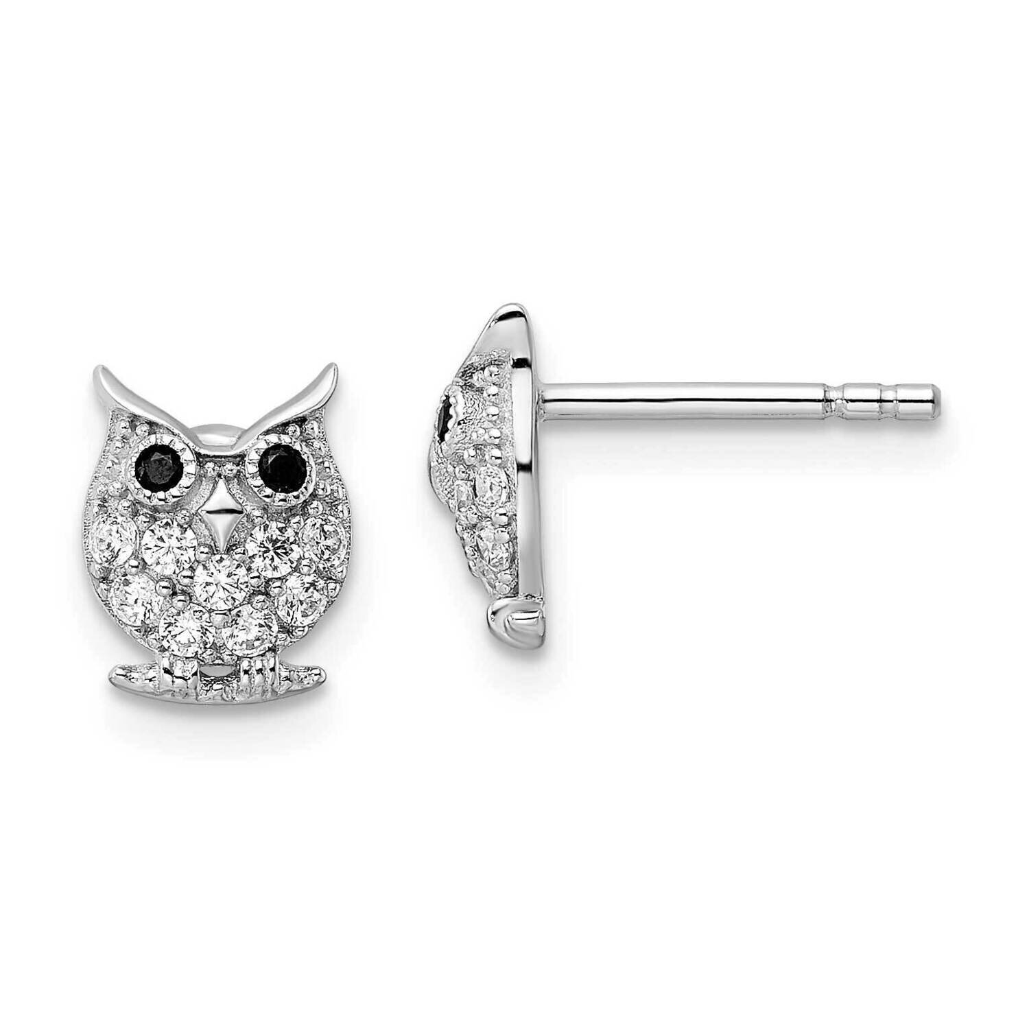 Black & White CZ Diamond Owl Post Earrings Sterling Silver Rhodium-Plated QE15782