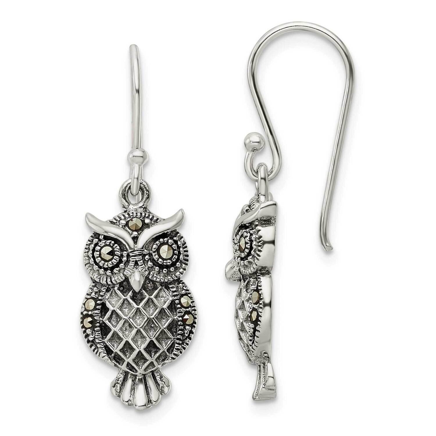 Marcasite Owl Shepherd Hook Earrings Sterling Silver Antiqued QE15784
