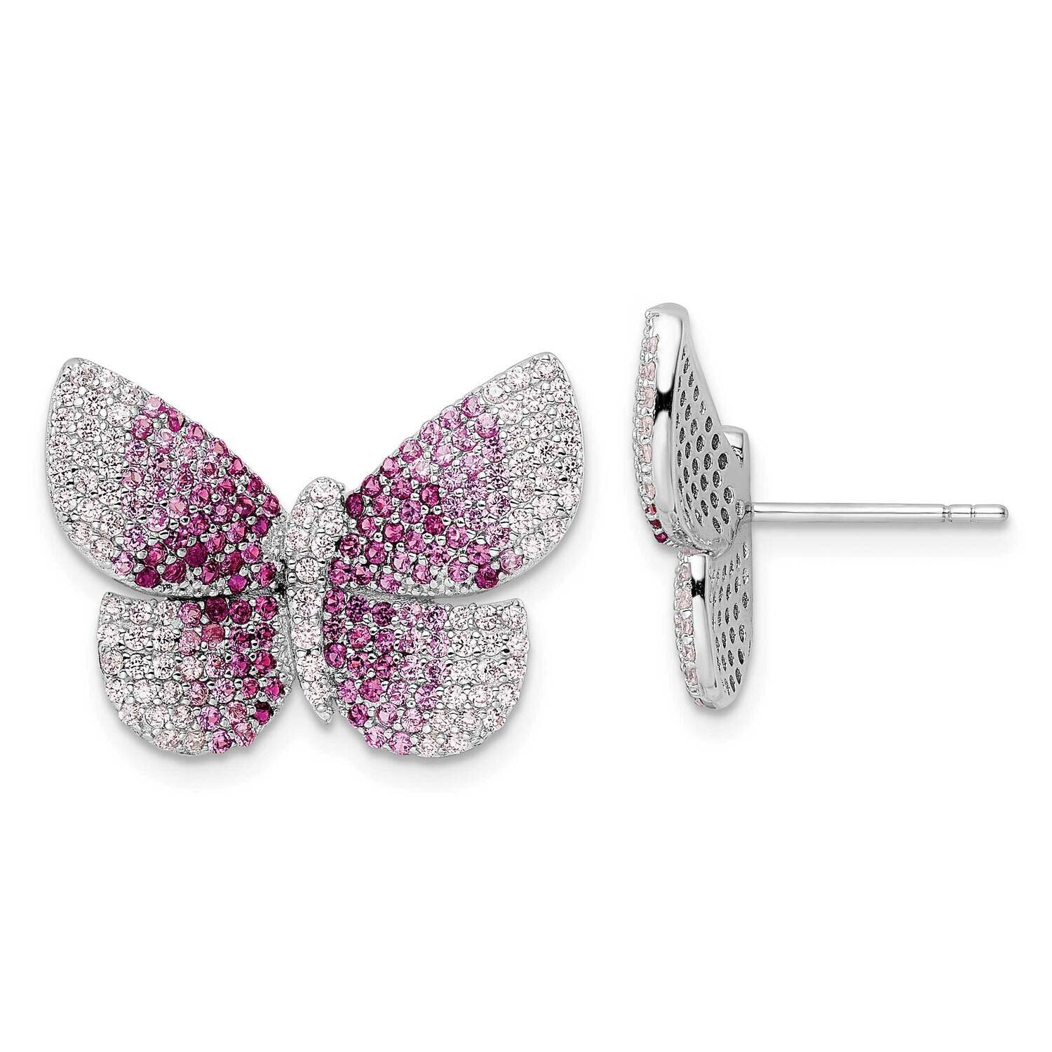 Pink CZ Diamond Butterfly Post Earrings Sterling Silver Rhodium-Plated Polished QE15790, MPN: QE157…