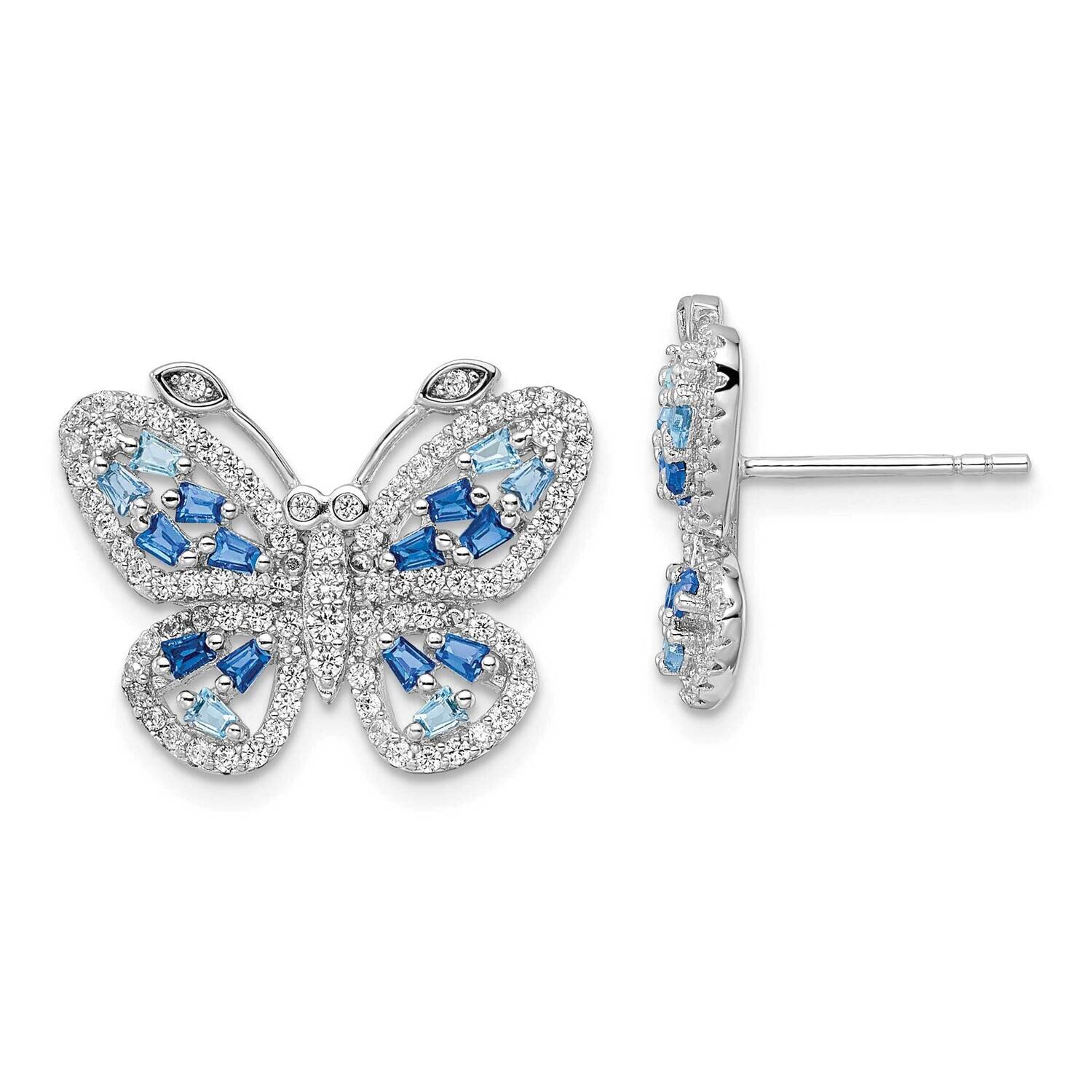 Polished Blue &amp; Clear CZ Diamond Butterfly Post Earrings Sterling Silver Rhodium-Plated QE15791, MP…