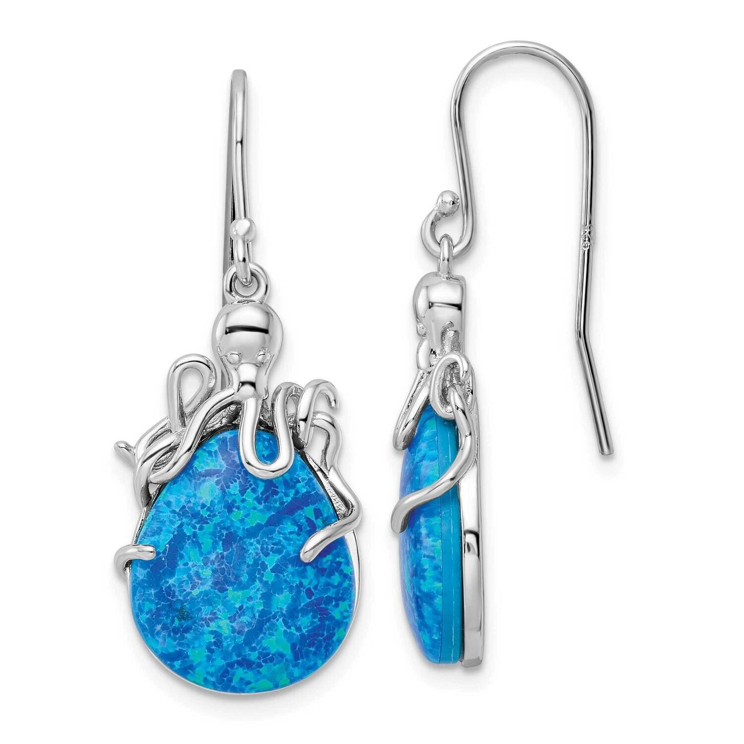 Blue Created Opal Octopus Dangle Earrings Sterling Silver Rhodium-Plated QE15799