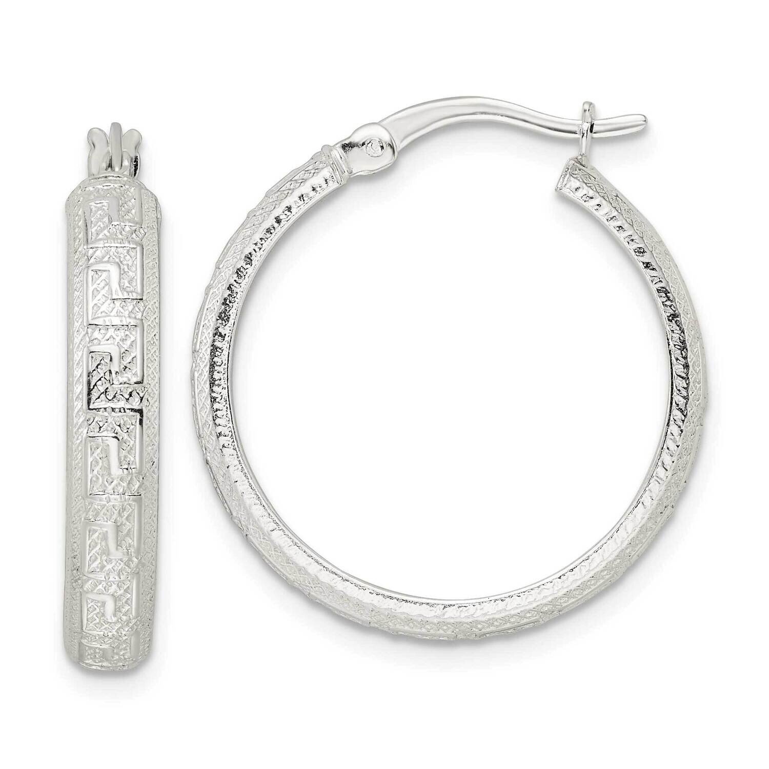 Greek Key 4x24mm Tube Hoop Earrings Sterling Silver Textured QE15857, MPN: QE15857, 196904153703
