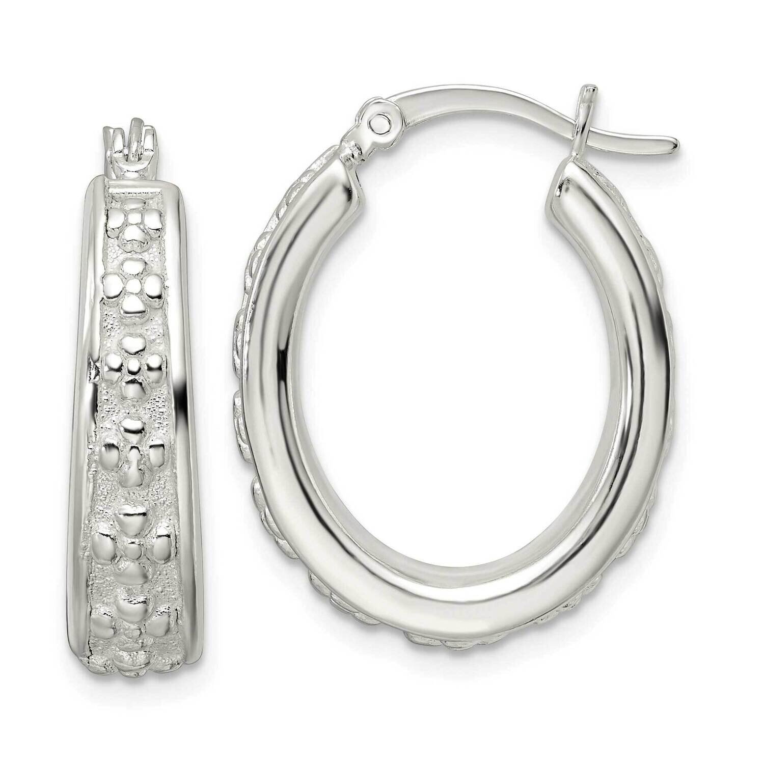 Floral Oval Hoop Earrings Sterling Silver Polished QE15908, MPN: QE15908, 196904153222