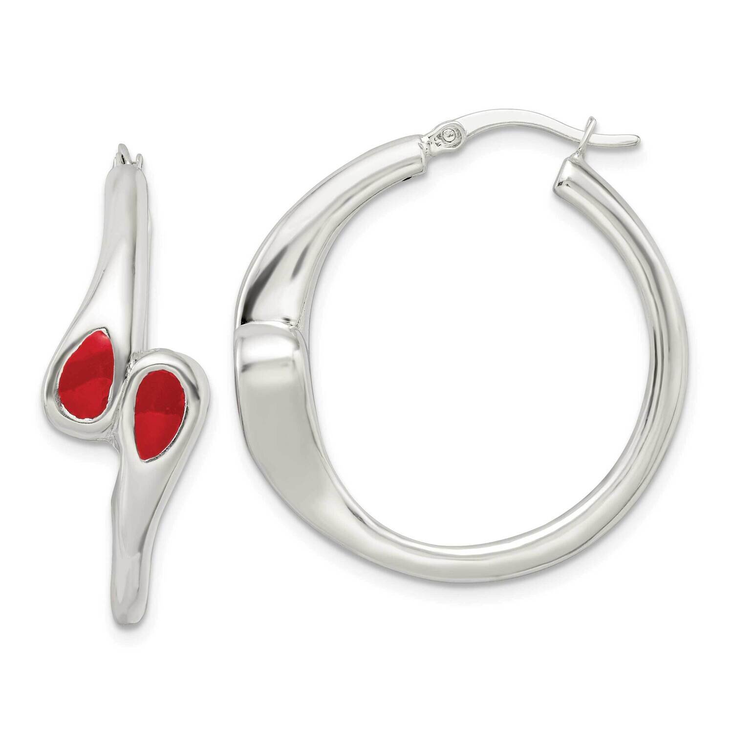Red Enameled Bypass Circle Hoop Earrings Sterling Silver Polished QE15915