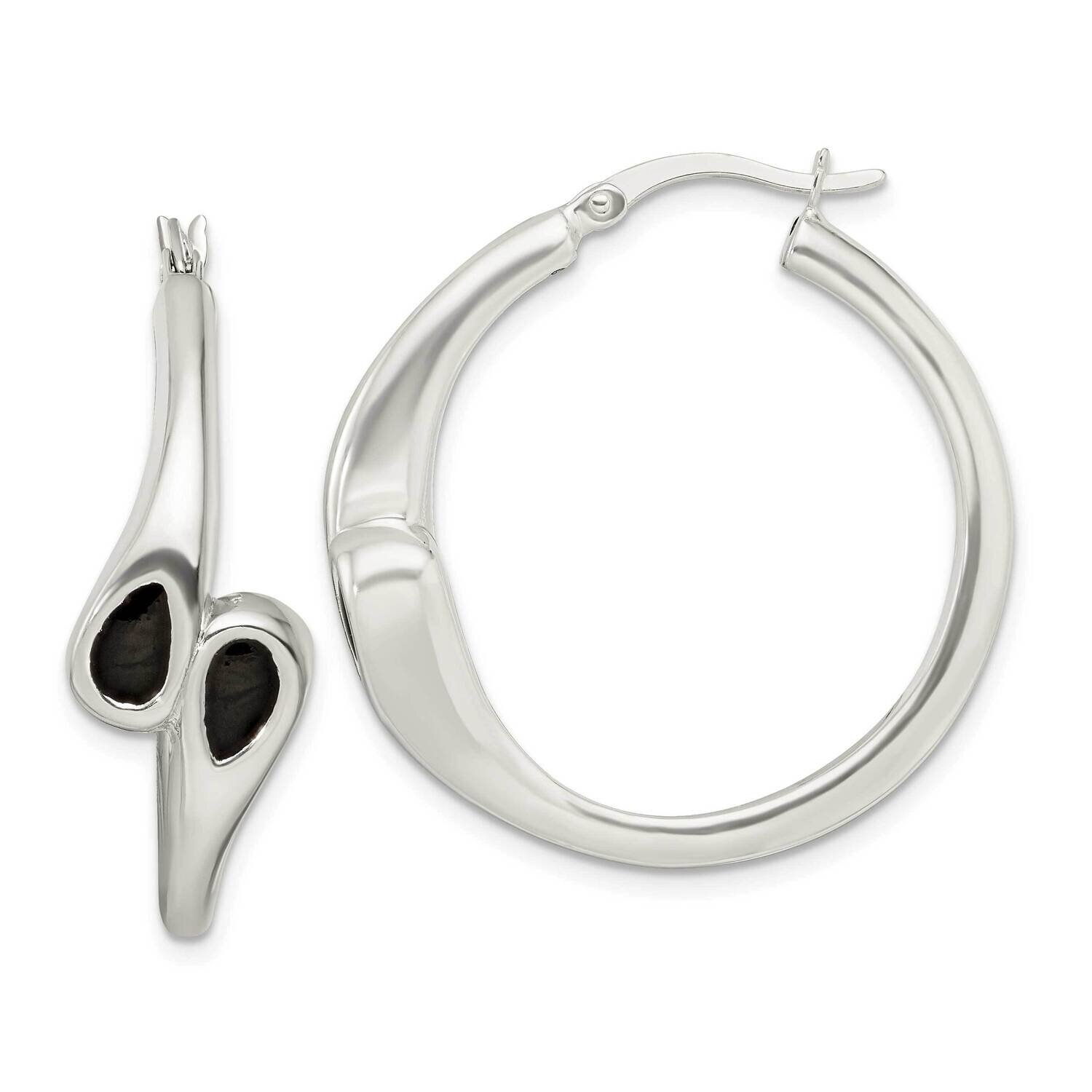 Black Enamel Hearts Circle Hoop Earrings Sterling Silver Polished QE15916