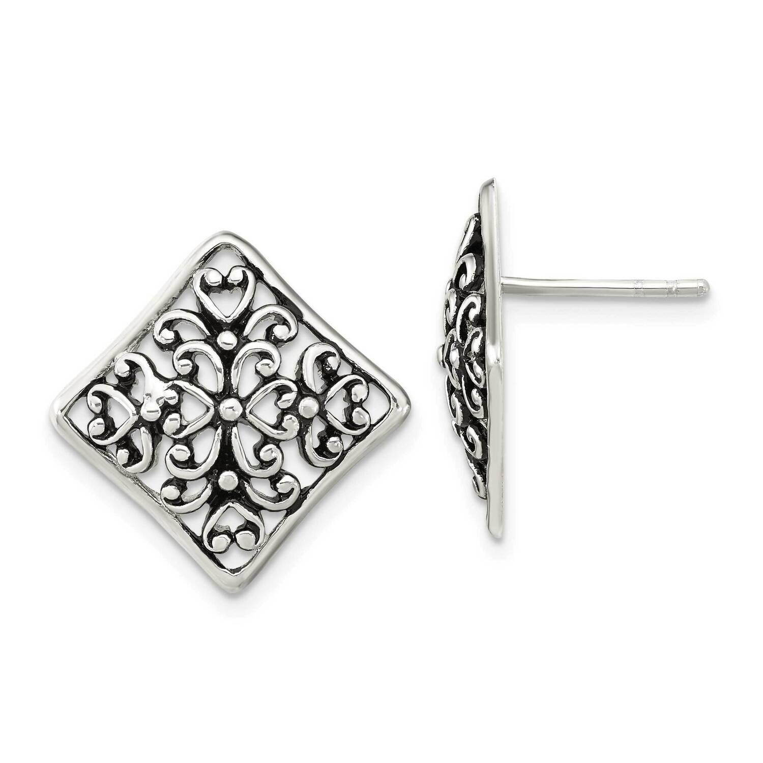 Square Filigree Post Earrings Sterling Silver Antiqued QE16038