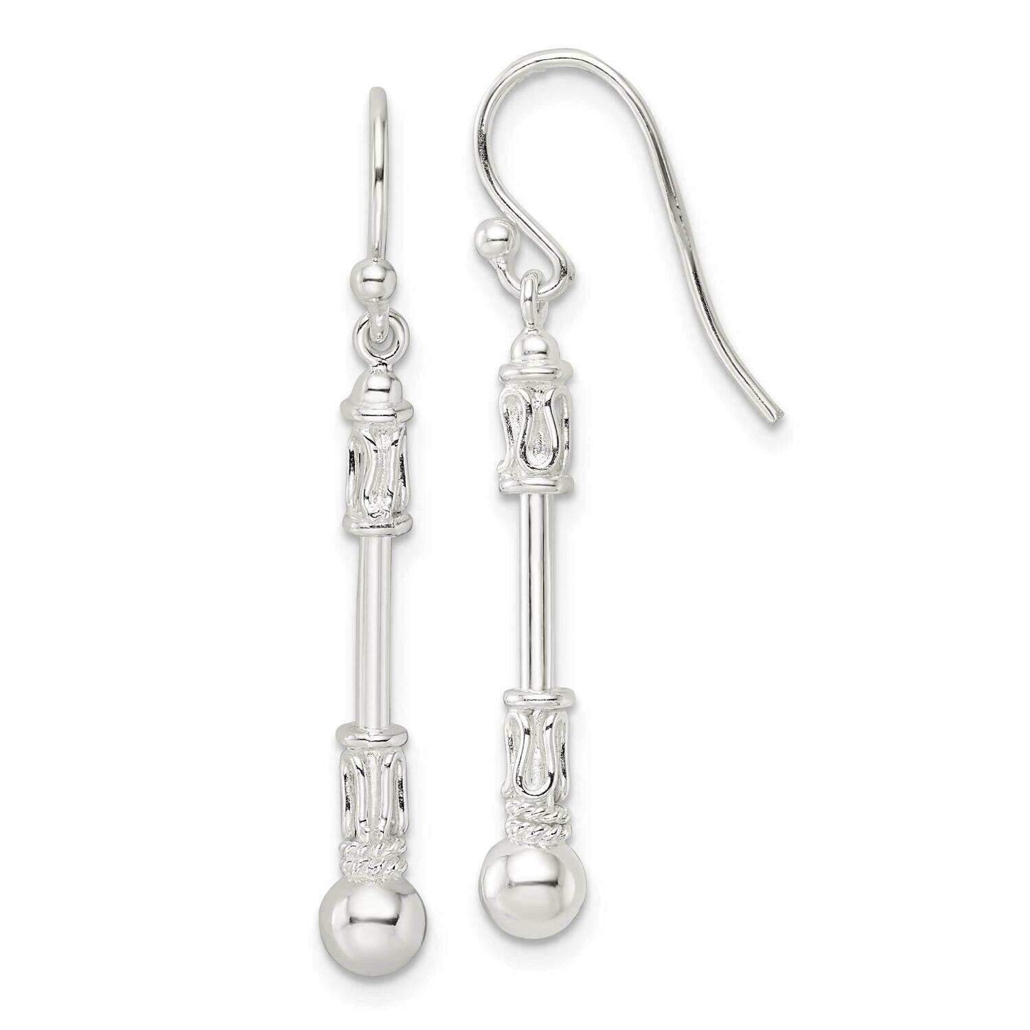 Fancy Dangle Shepherd Hook Earrings Sterling Silver Polished QE16044, MPN: QE16044, 196904150511