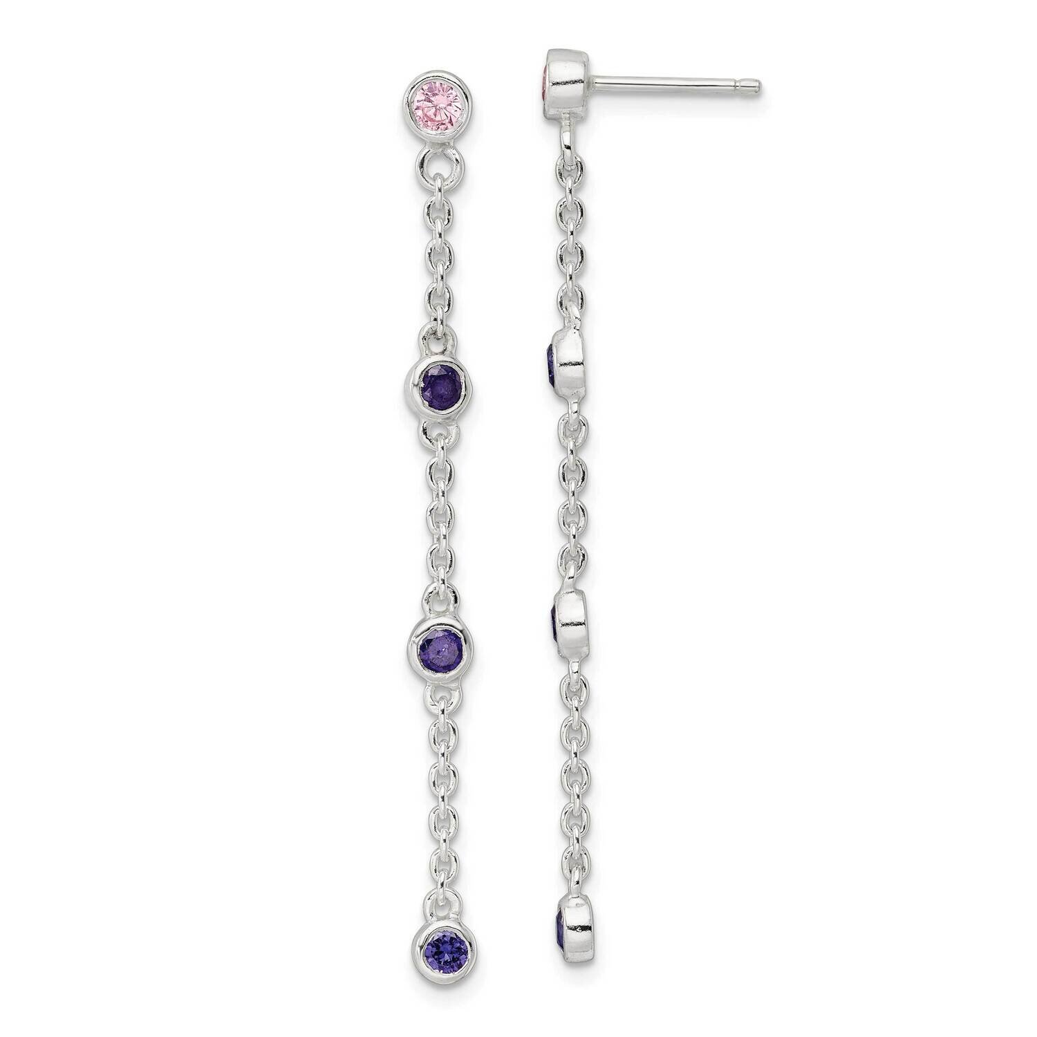 Chain with Pink and Purple Bezel CZs Dangle Post Earrings Sterling Silver QE16056, MPN: QE16056, 19…