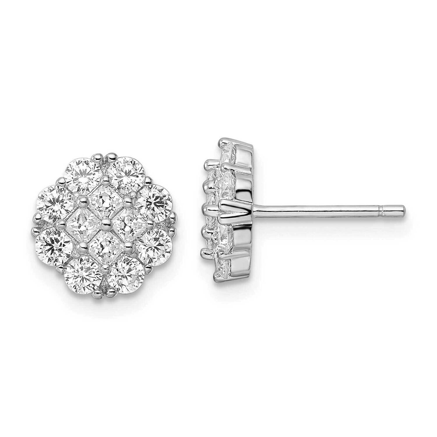 Flower Cluster CZ Diamond Post Earrings Sterling Silver Rhodium-Plated Polished QE16121