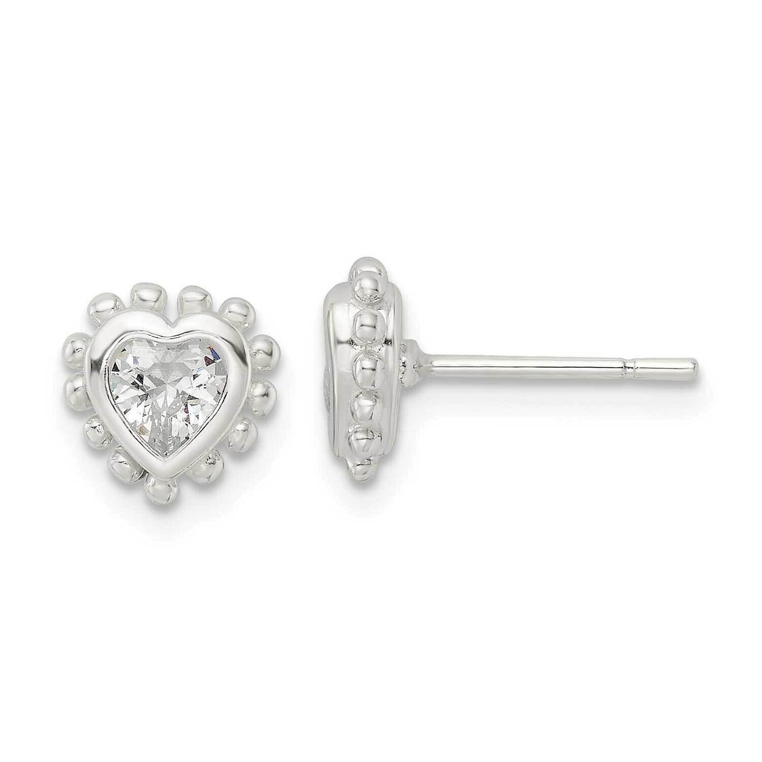 Beaded Edge Heart CZ Diamond Post Earrings Sterling Silver QE16122, MPN: QE16122, 196904149850