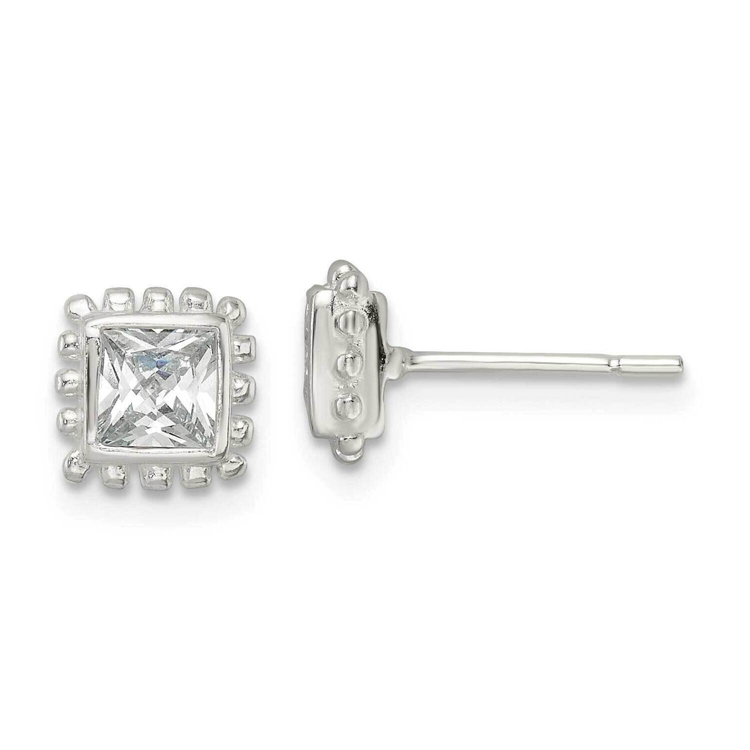 Beaded Edge Square CZ Diamond Post Earrings Sterling Silver QE16125, MPN: QE16125, 196904169278