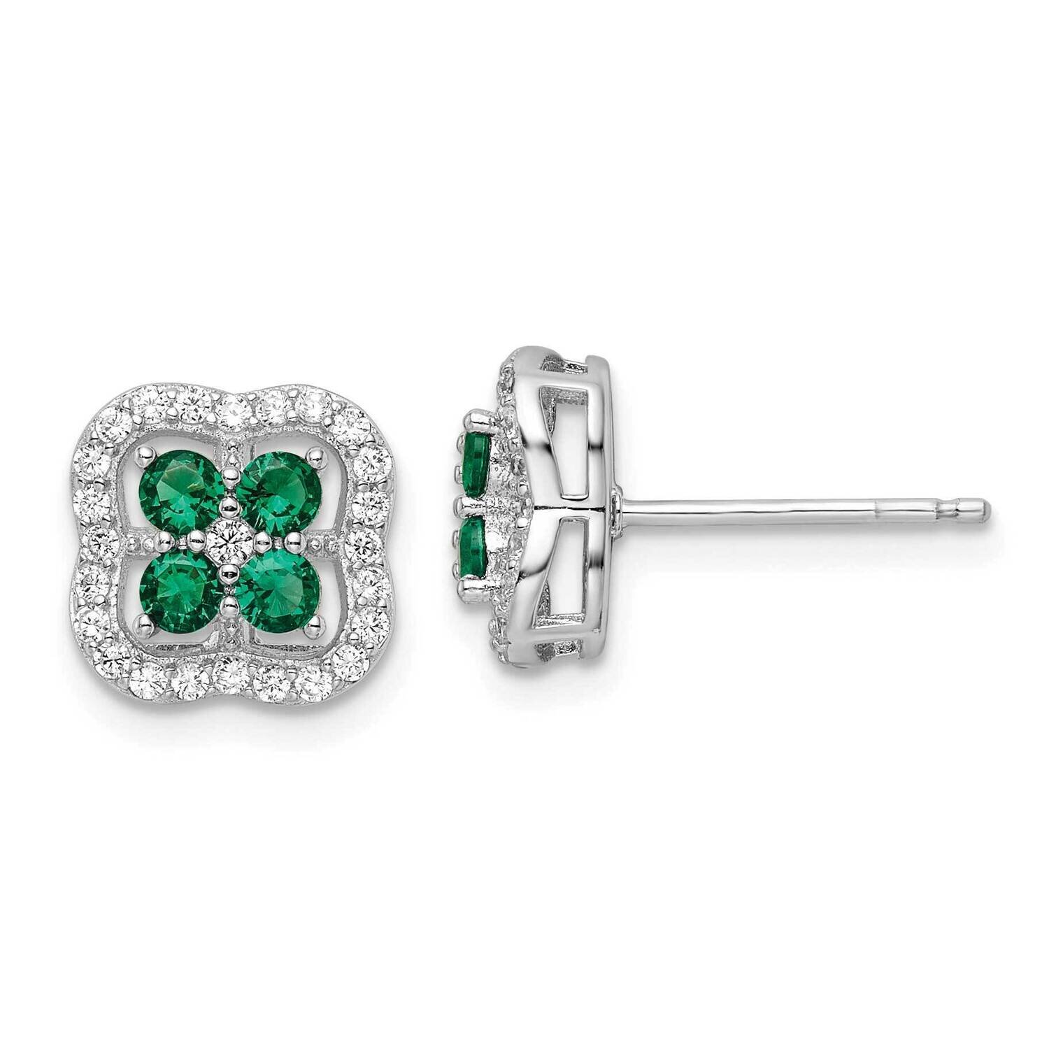 Green and Clear CZ Diamond Clover Post Earrings Sterling Silver Rhodium-Plated QE16163