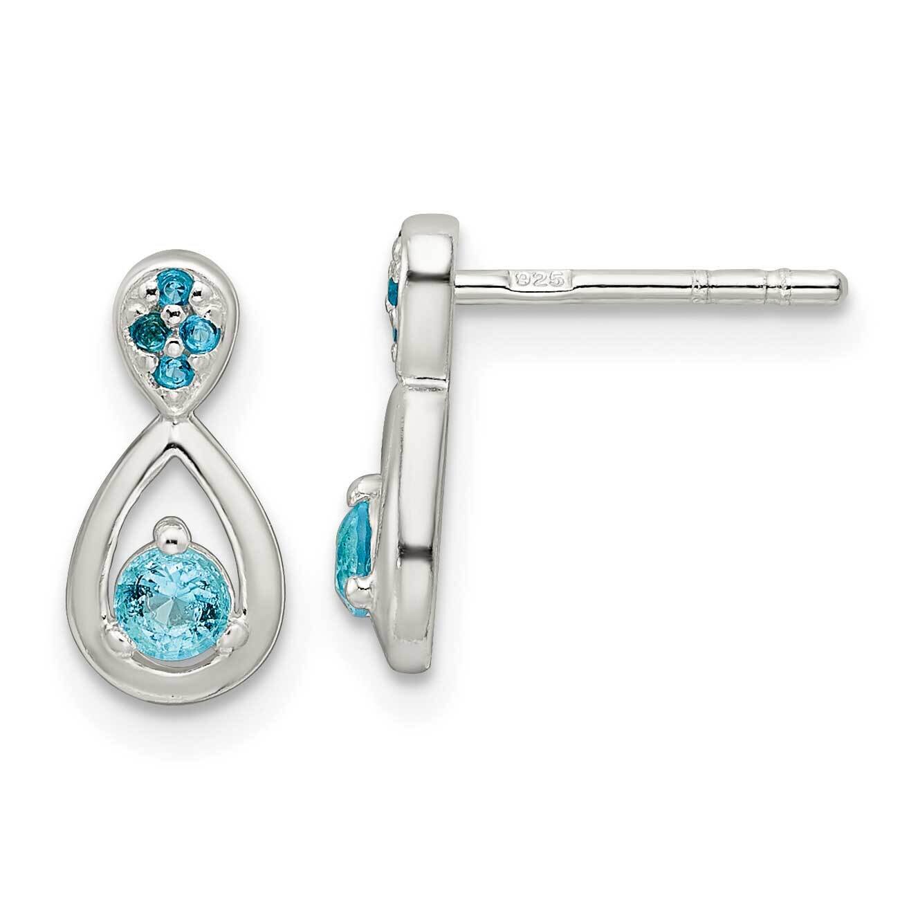 Blue CZ Diamond Teardrop Post Dangle Earrings Sterling Silver Polished QE16169