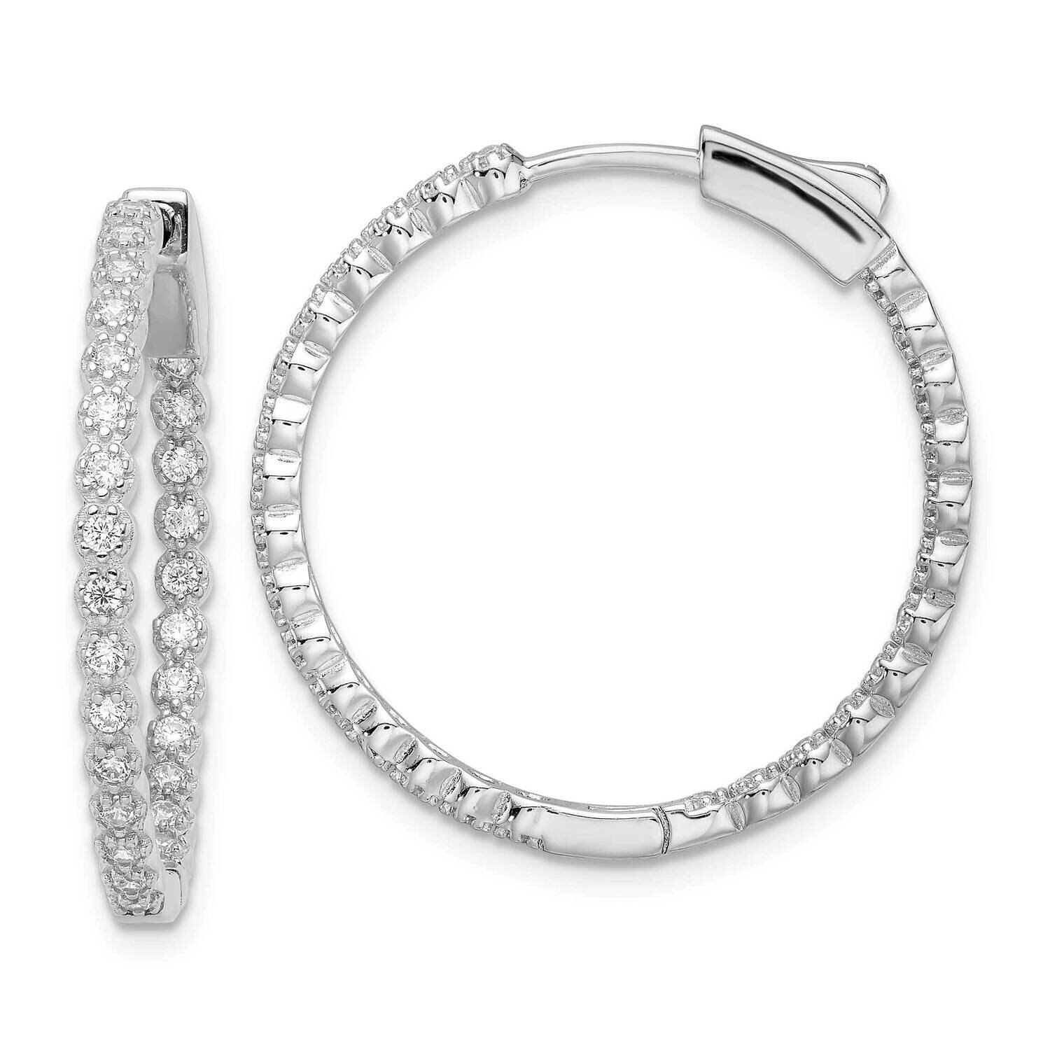 Rhodium-Plated In &amp; Out CZ Diamond Hinged Hoop Earrings Sterling Silver Polished QE16304, MPN: QE16…