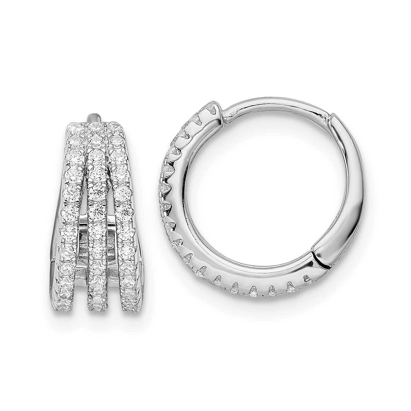 Triple Row CZ Diamond Hinged Hoop Earrings Sterling Silver Rhodium-Plated Polished QE16307, MPN: QE…