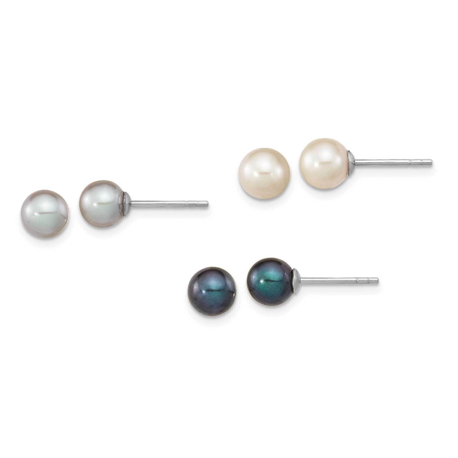 6-7mm Set of 3 Wt Bk Grey Round Fwc Pearl Earrings Sterling Silver Rhodium-Plated QE16320, MPN: QE1…