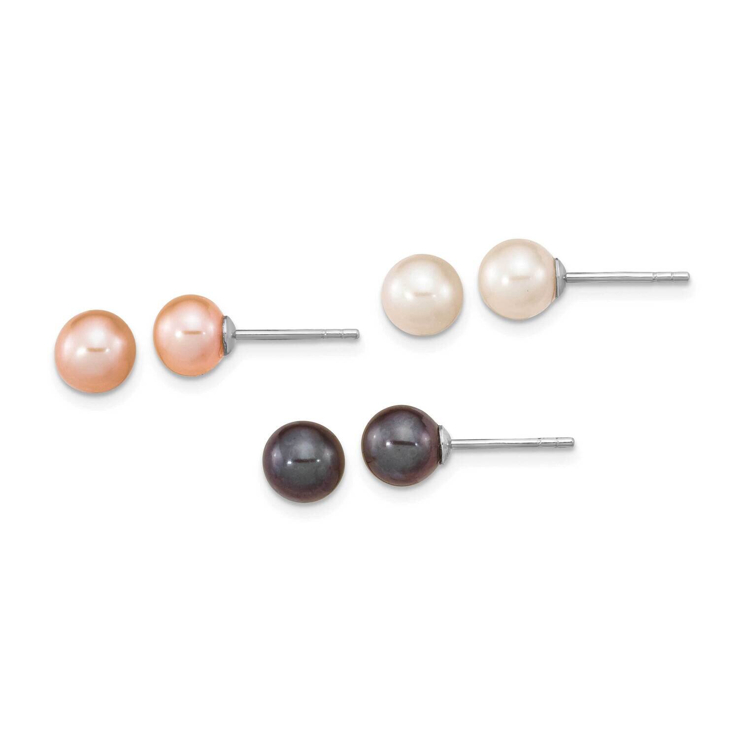 6-7mm Set of 3 Wt Bk Pink Round Fwc Pearl Earrings Sterling Silver Rhodium-Plated QE16321, MPN: QE1…