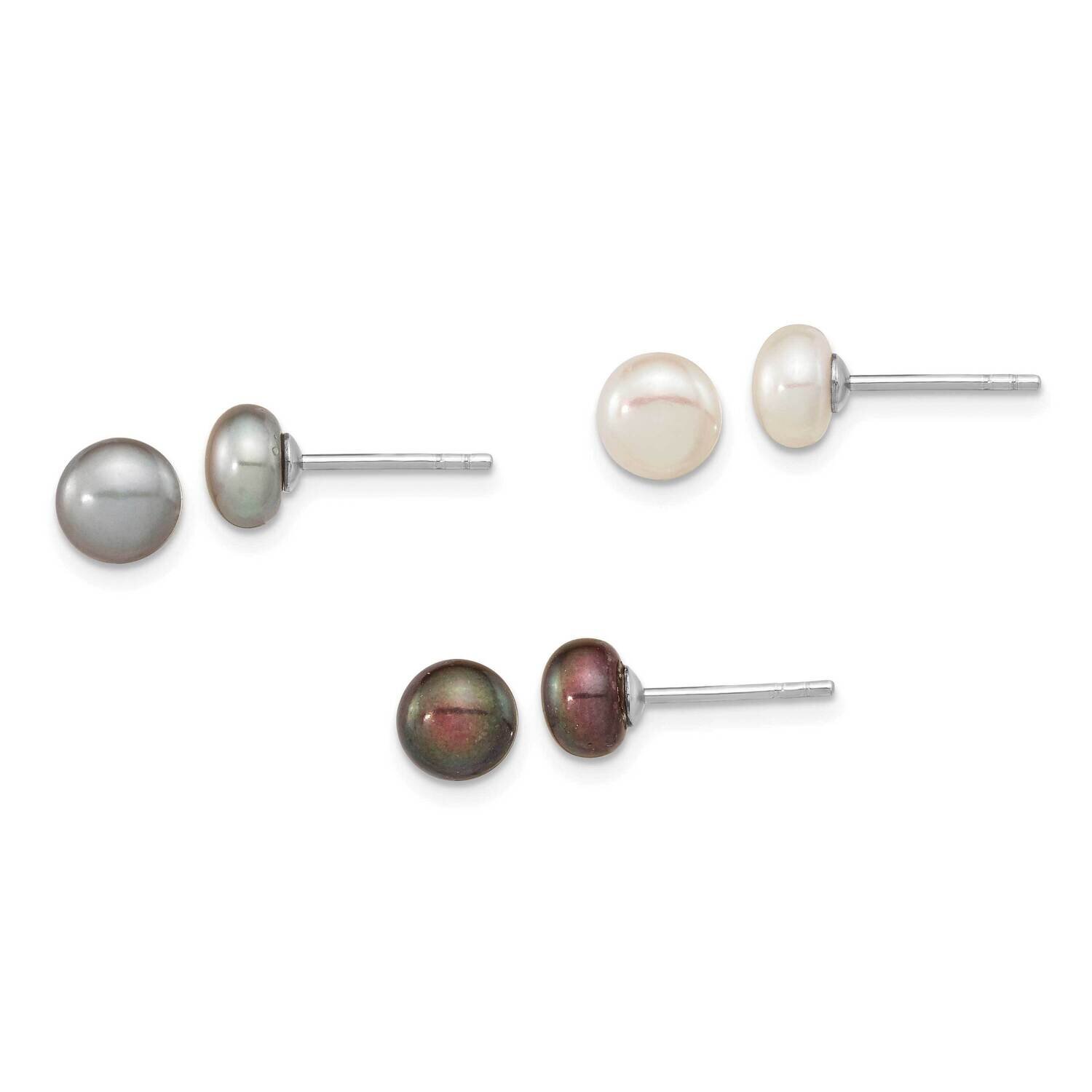 6-7mm Set of 3 Wt Bk Grey Button Fwc Pearl Earrings Sterling Silver Rhodium-Plated QE16322