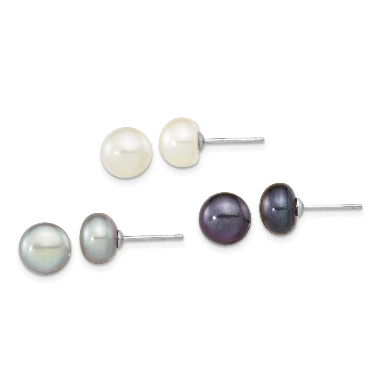 8-9mm Set of 3 Wt Bk Grey Button Fwc Pearl Earrings Sterling Silver Rhodium-Plated QE16325, MPN: QE…