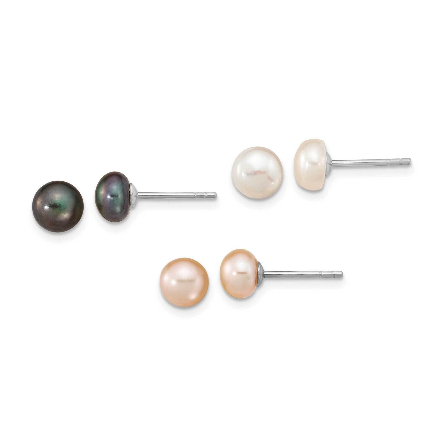 6-7mm Set of 3 Wt Bk Pink Button Fwc Pearl Earrings Sterling Silver Rhodium-Plated QE16332SET, MPN:…