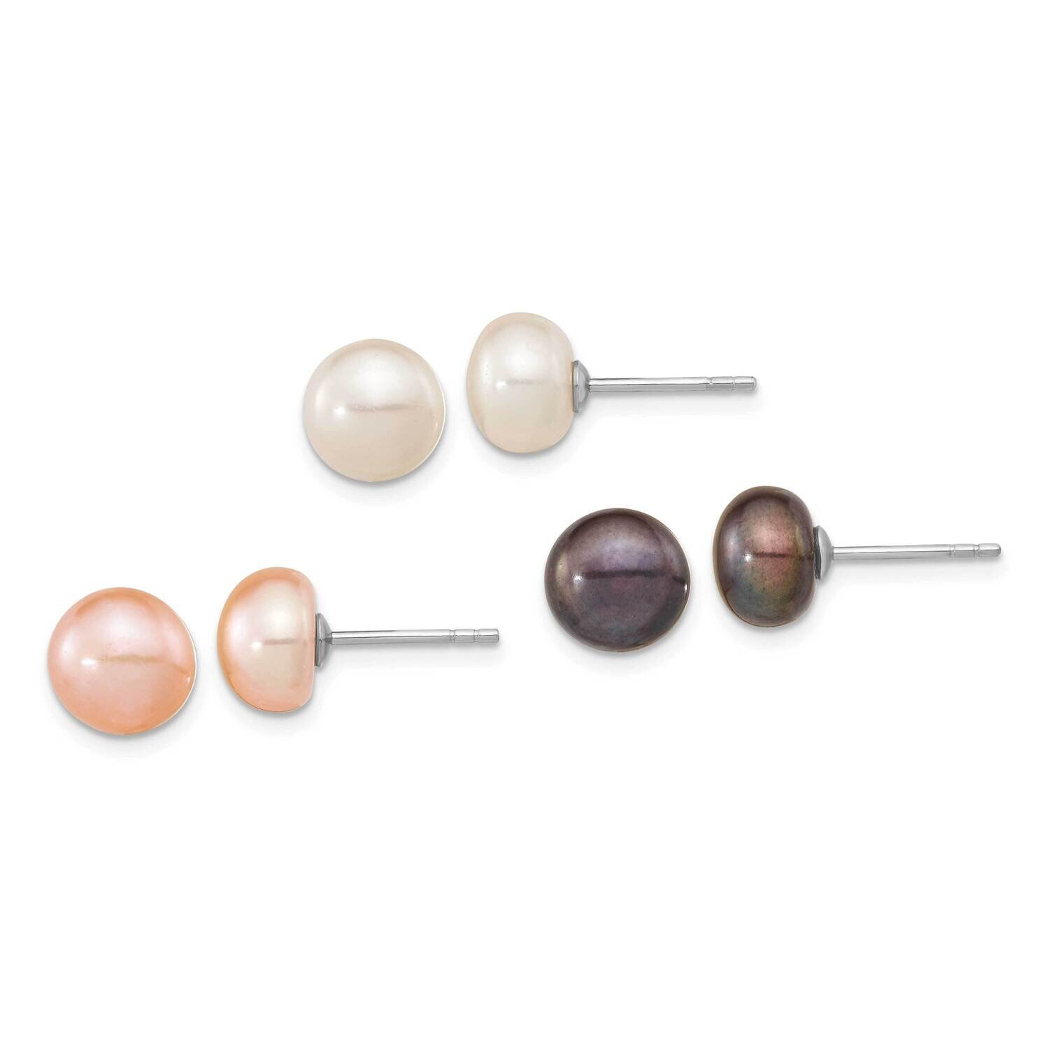8-9mm Set of 3 Wt Bk Pink Button Fwc Pearl Earrings Sterling Silver Rhodium-Plated QE16333SET, MPN:…