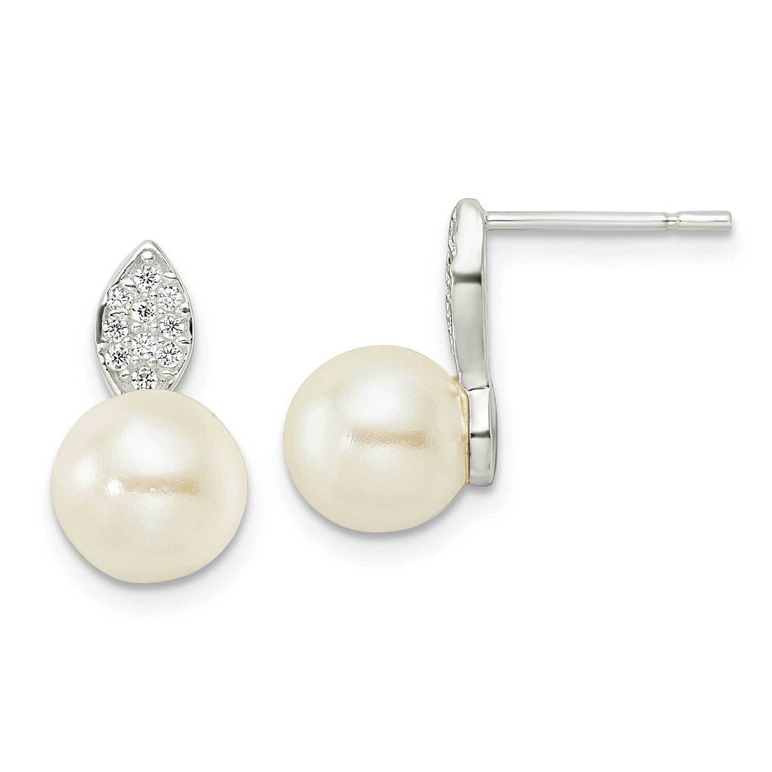 7-8mm Imitation Shell Pearl Post Earrings Sterling Silver Cz Diamond QE16347, MPN: QE16347, 1969041…