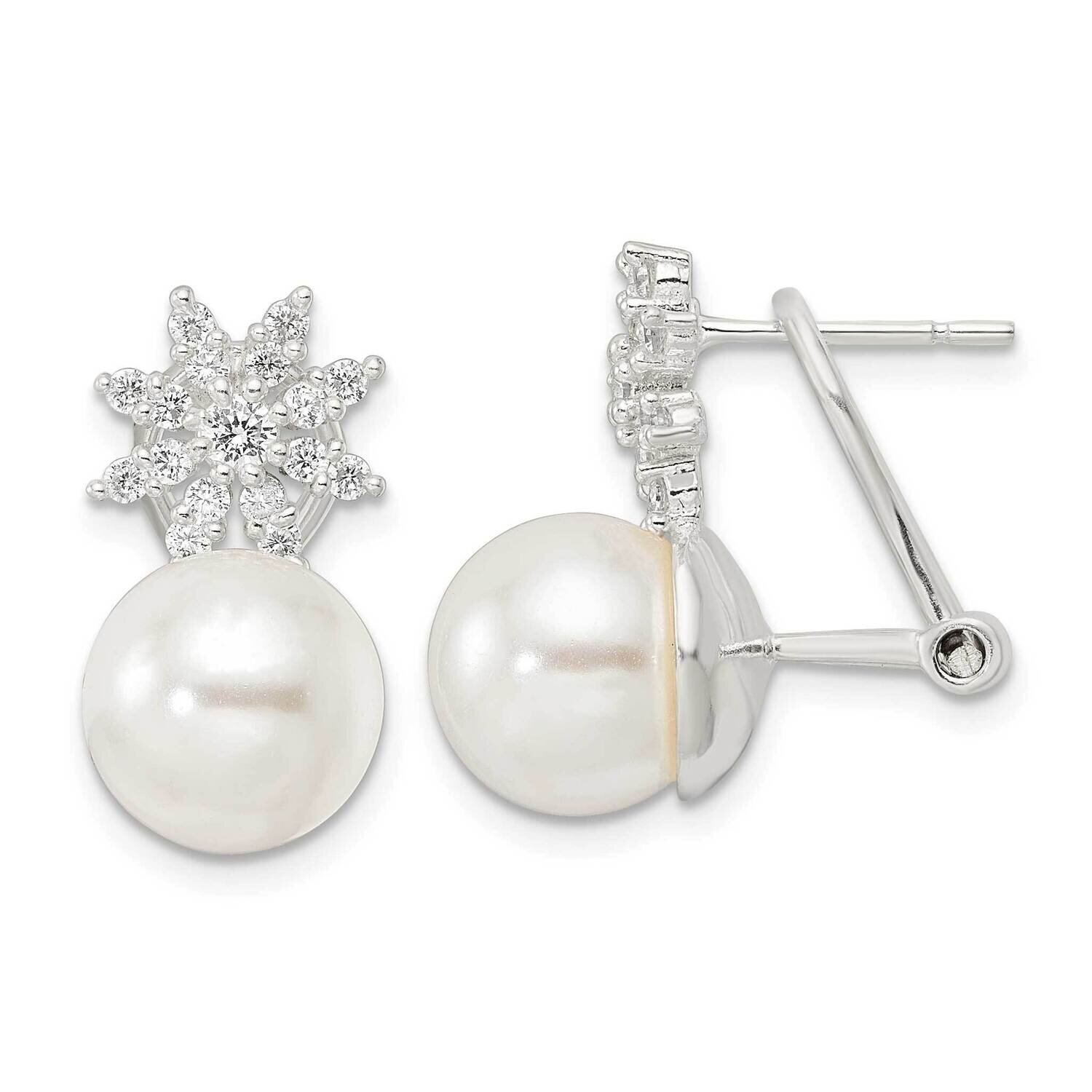 Imitation Shell Pearl and CZ Diamond Floral Omega Back Earrings Sterling Silver QE16363