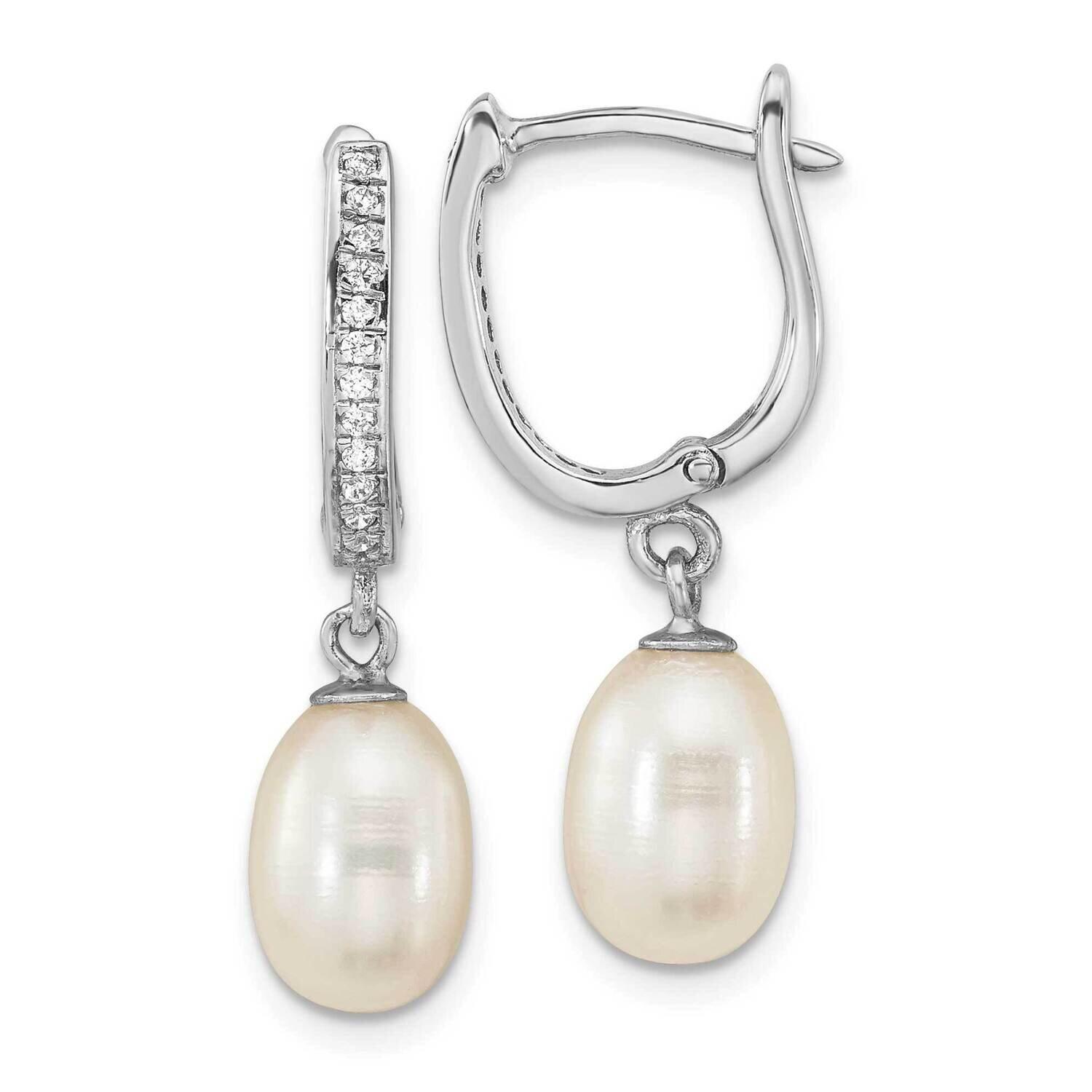 CZ Diamond 7 To10mm Rice Fwc Pearl Hoop Dangle Earrings Sterling Silver Rhodium-Plated QE16365, MPN…