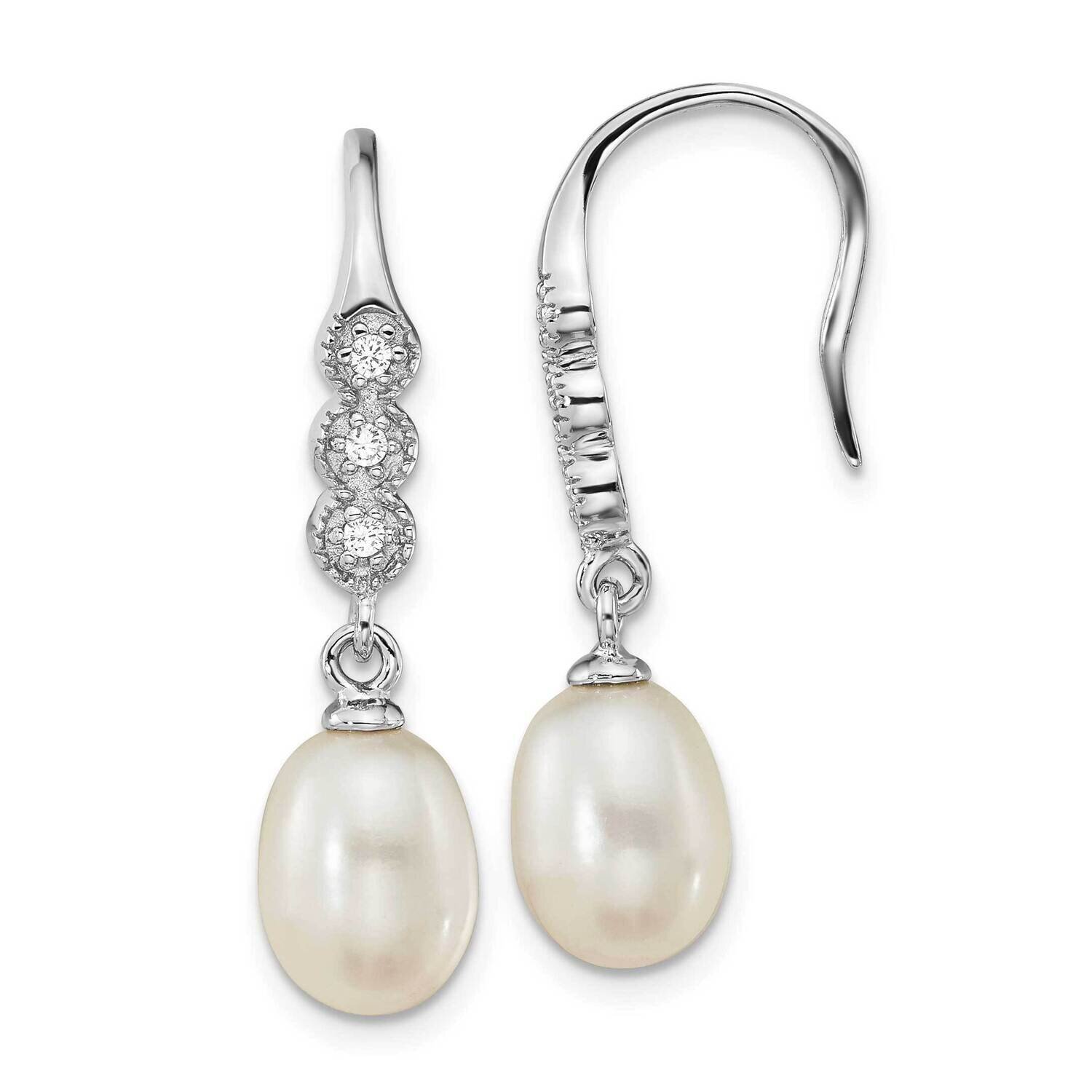 CZ Diamond 7 To 8mm Rice Fwc Pearl Dangle Earrings Sterling Silver Rhodium-Plated QE16368, MPN: QE1…