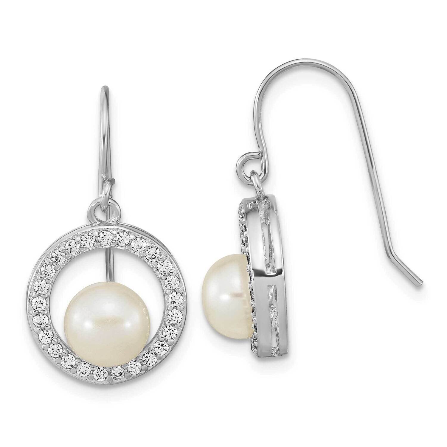 6-7mm Button Fwc Pearl CZ Diamond Dangle Earrings Sterling Silver Rhodium-Plated QE16371