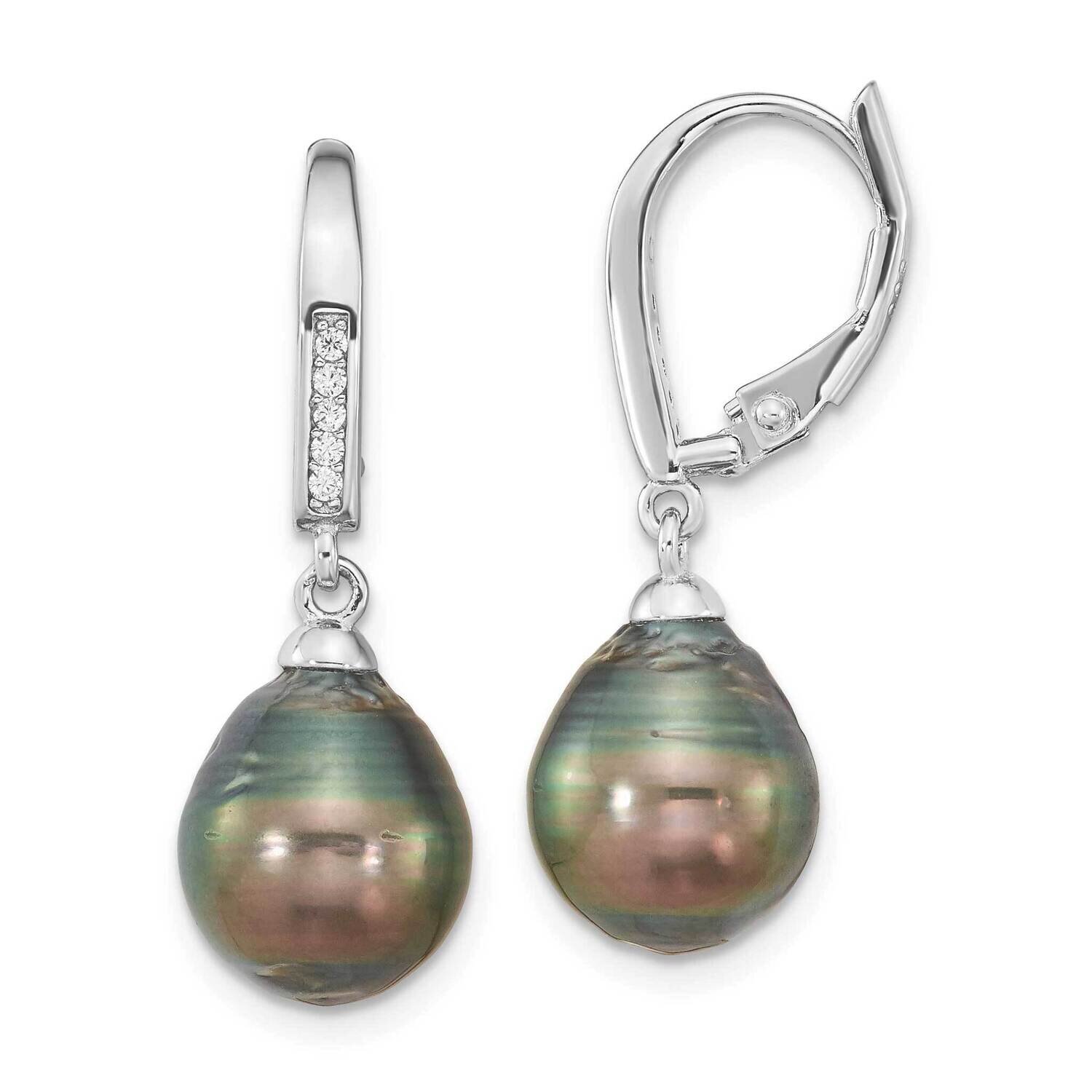 9-10mm Tahitian Saltwater Pearl CZ Diamond Earrings Sterling Silver Rhodium-Plated QE16378, MPN: QE…