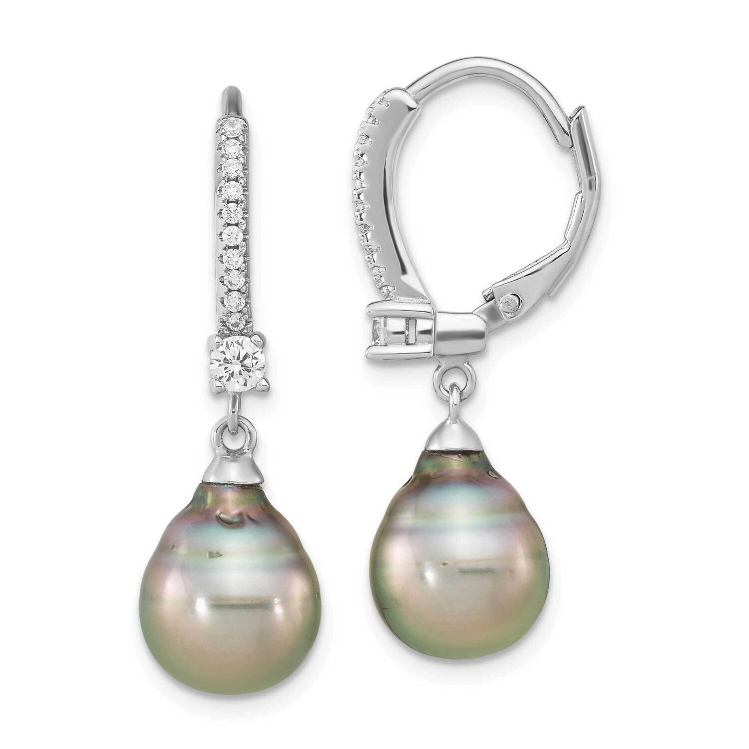 9-10mm Tahitian Saltwater Pearl CZ Diamond Earrings Sterling Silver Rhodium-Plated QE16379