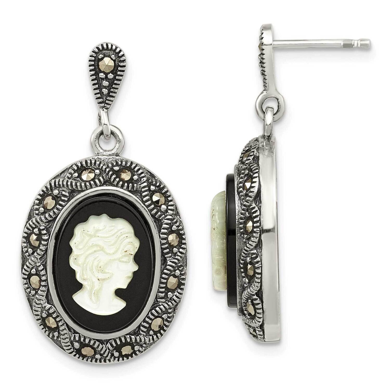 Black Agate Marcasite &amp; Mop Cameo Post Dangle Earr Sterling Silver Antiqued QE16388, MPN: QE16388, …
