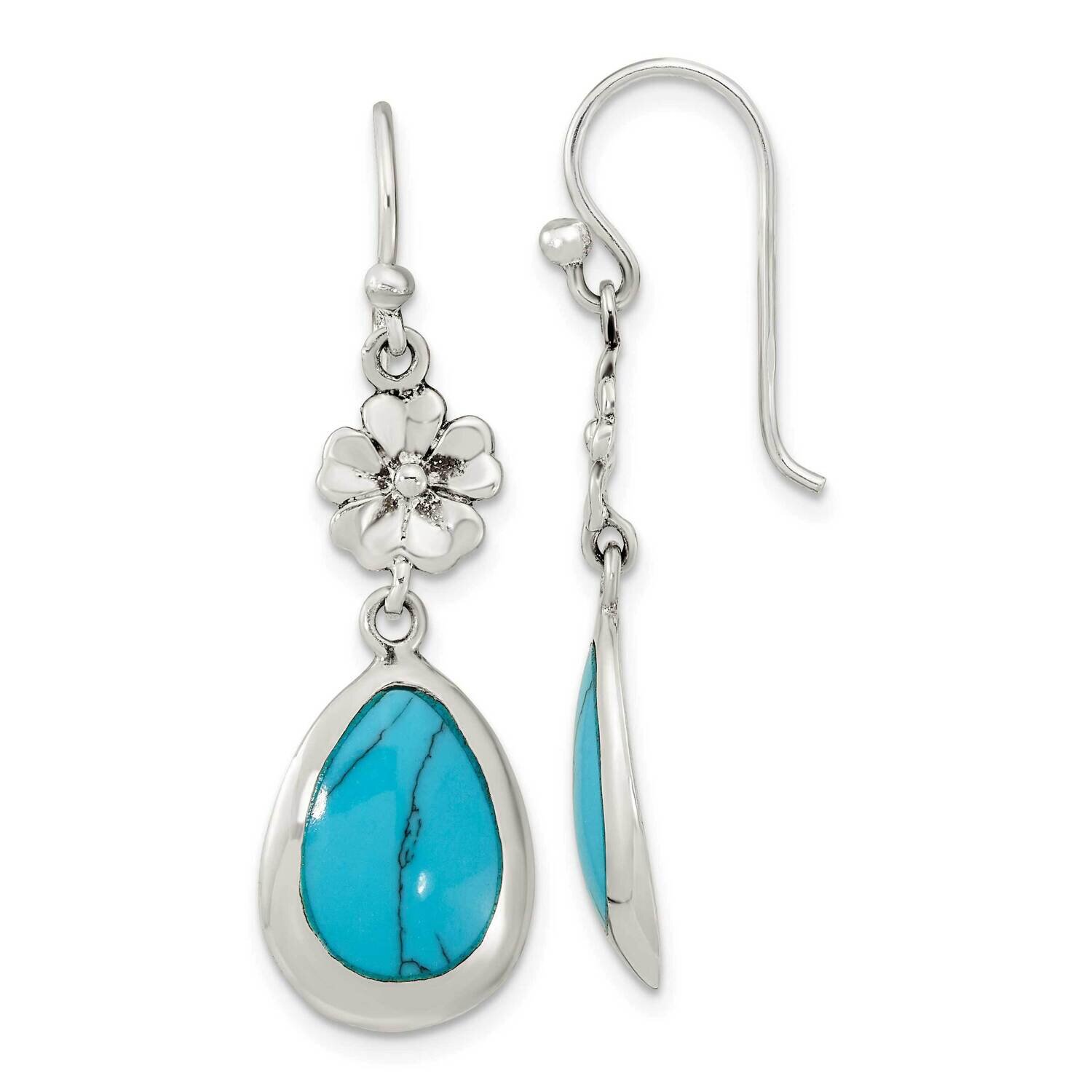 Polish Floral Reconstituted Turquoise Teardrop Earrings Sterling Silver QE16393