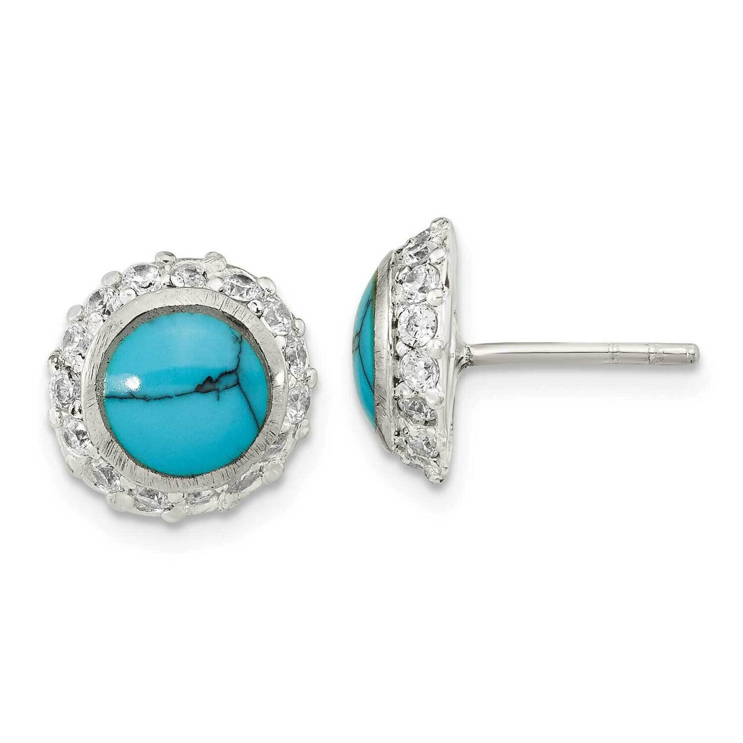 Round Reconstituted Turquoise & CZ Diamond Post Earrings Sterling Silver Polished QE16400