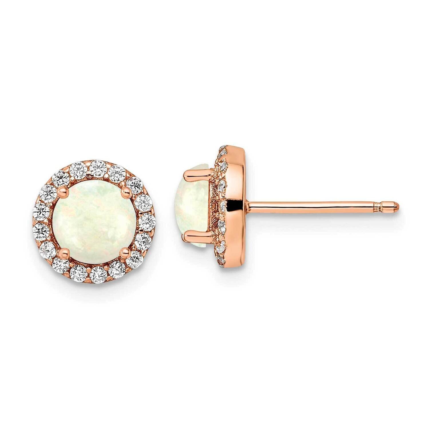 White Created Opal & CZ Diamond Halo Post Earrings Sterling Silver Rose-Tone QE16407