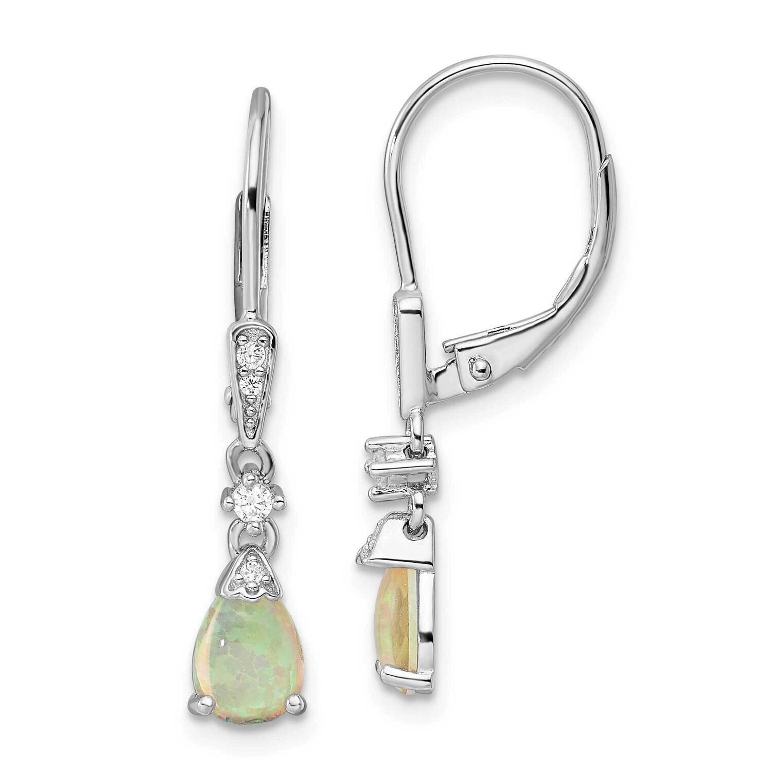 CZ Diamond Created Opal Teardrop Leverback Earrings Sterling Silver Rhodium-Plated QE16409