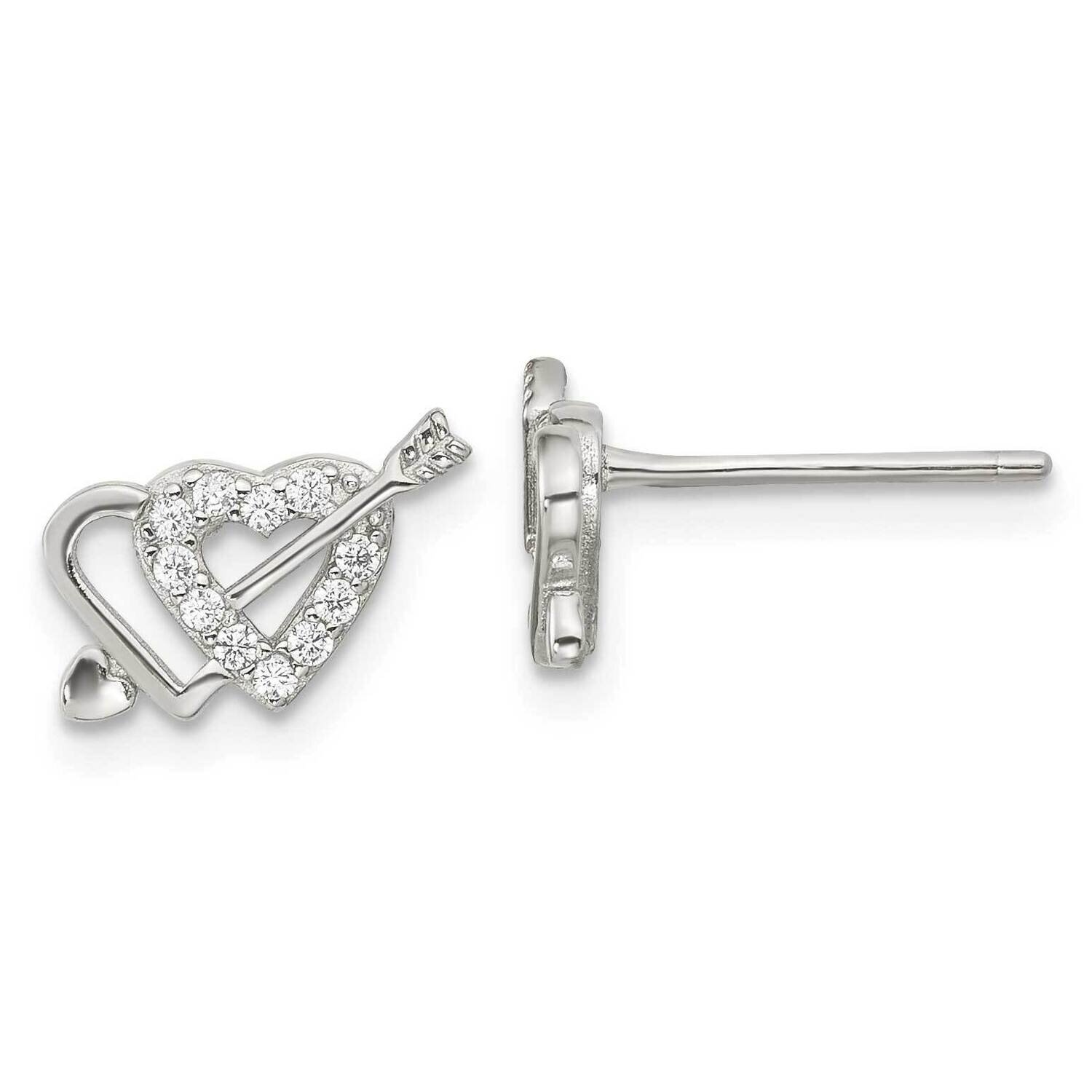 CZ Diamond Double Heart and Arrow Post Earrings Sterling Silver Rhodium-Plated QE16428, MPN: QE1642…