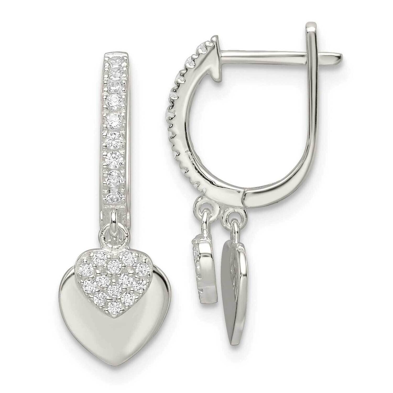 CZ Diamond Dangle Hearts Hinged Hoop Earrings Sterling Silver Polished QE16437, MPN: QE16437, 19690…