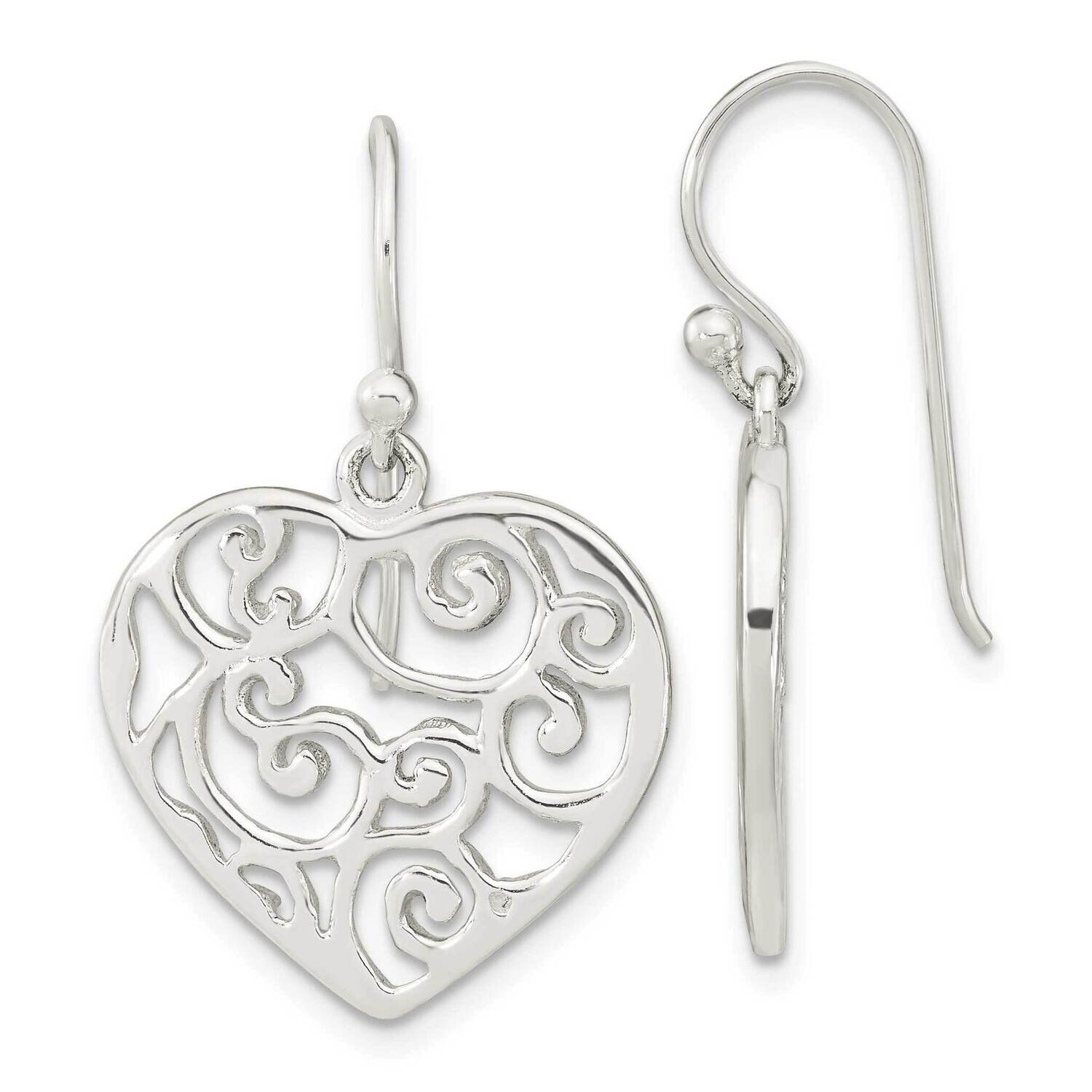 Filigree Heart Dangle Earrings Sterling Silver Polished QE16442