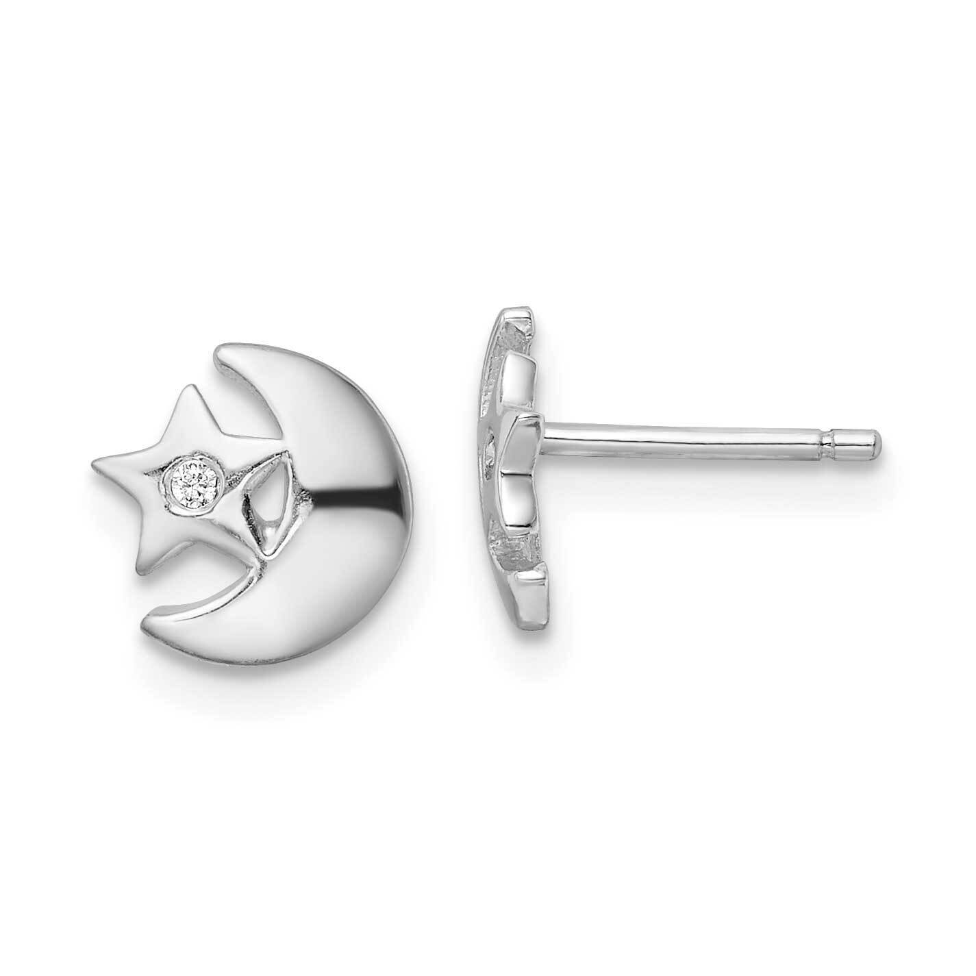 CZ Diamond Star and Moon Post Earrings Sterling Silver Rhodium-Plated QE16470, MPN: QE16470, 196904…