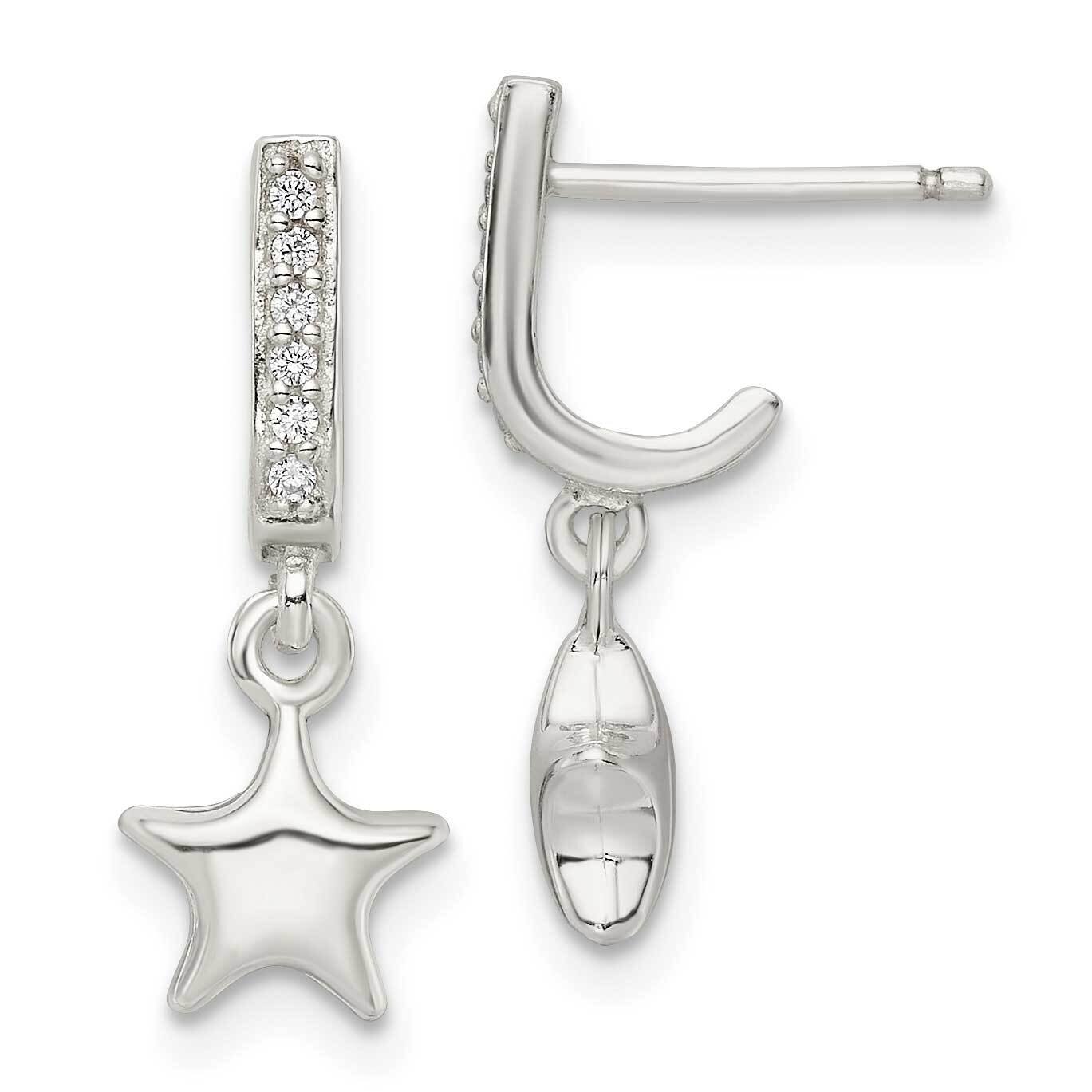 Kids Puffed Star CZ Diamond J-Hoop Post Earrings Sterling Silver QE16486