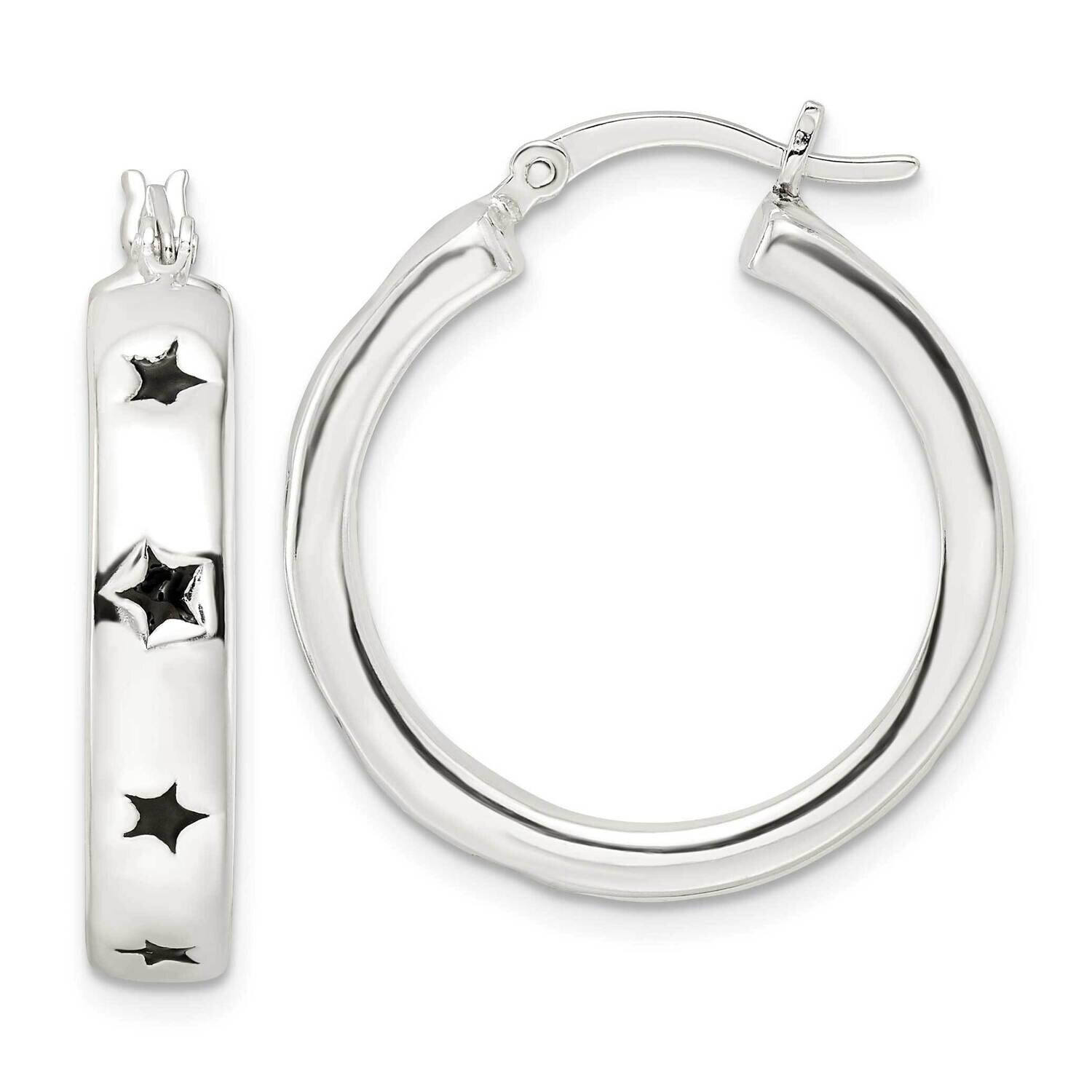 Black Enamel Star Circle Hoop Earrings Sterling Silver Polished QE16494, MPN: QE16494, 196904166482